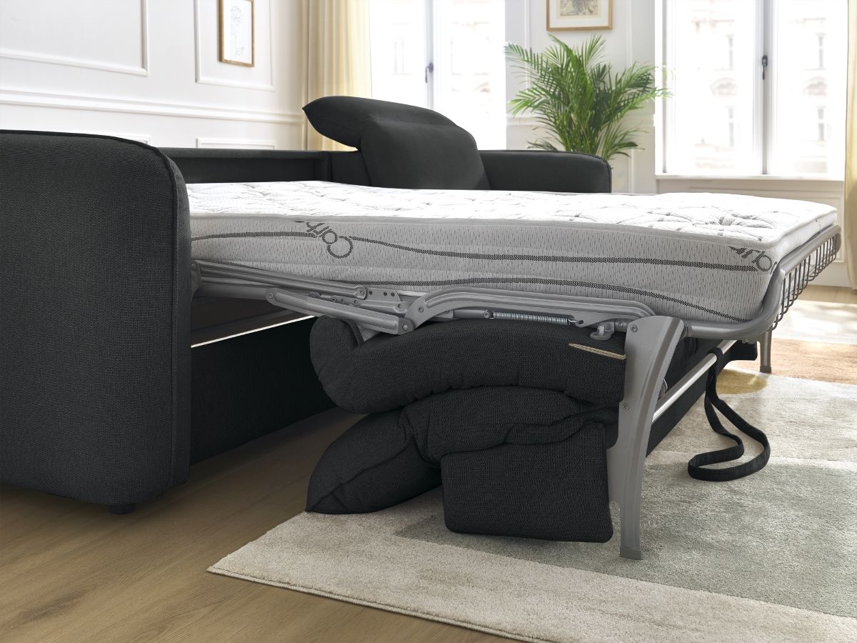 Bobochic Achille Ecksofa mit Schlaffunktion und Bettkasten Melange-Stoff Schwarz, Liegefläche 140 × 200 cm