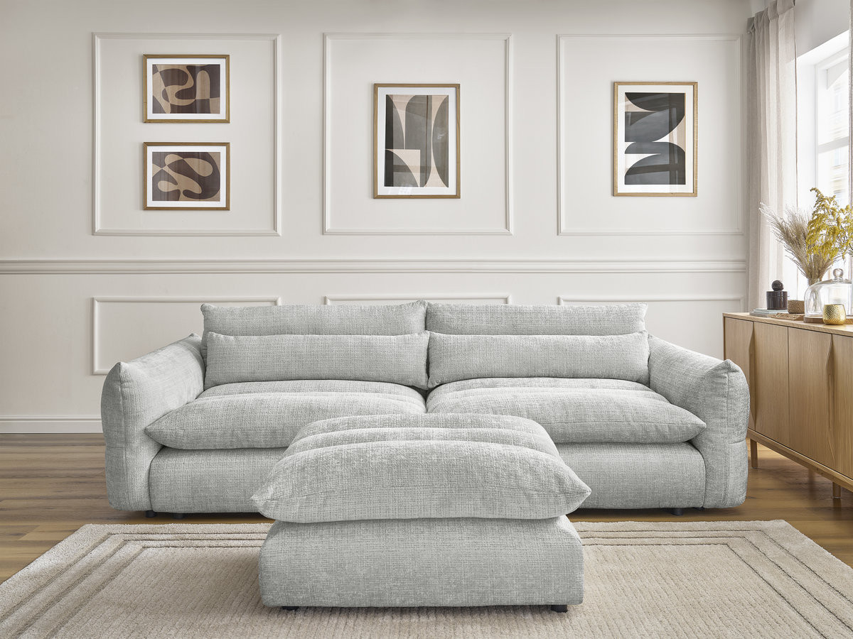 Bobochic Neil Sofa 3-Sitzer mit Pouf Strukturstoff Hellgrau