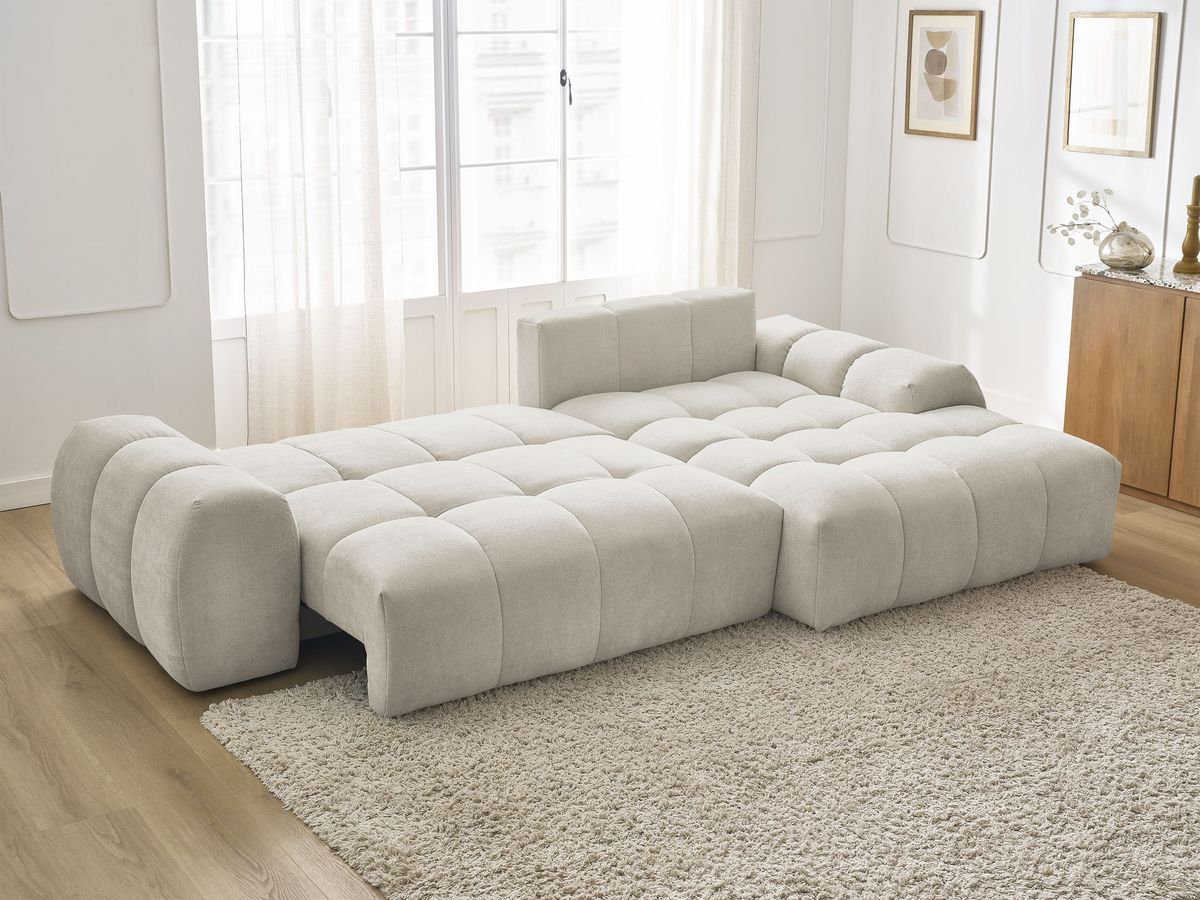 Bobochic Everest Ecksofa mit Schlaffunktion und Bettkasten 318 × 180 cm, 3 Kissen Strukturstoff Beige Ecke rechts