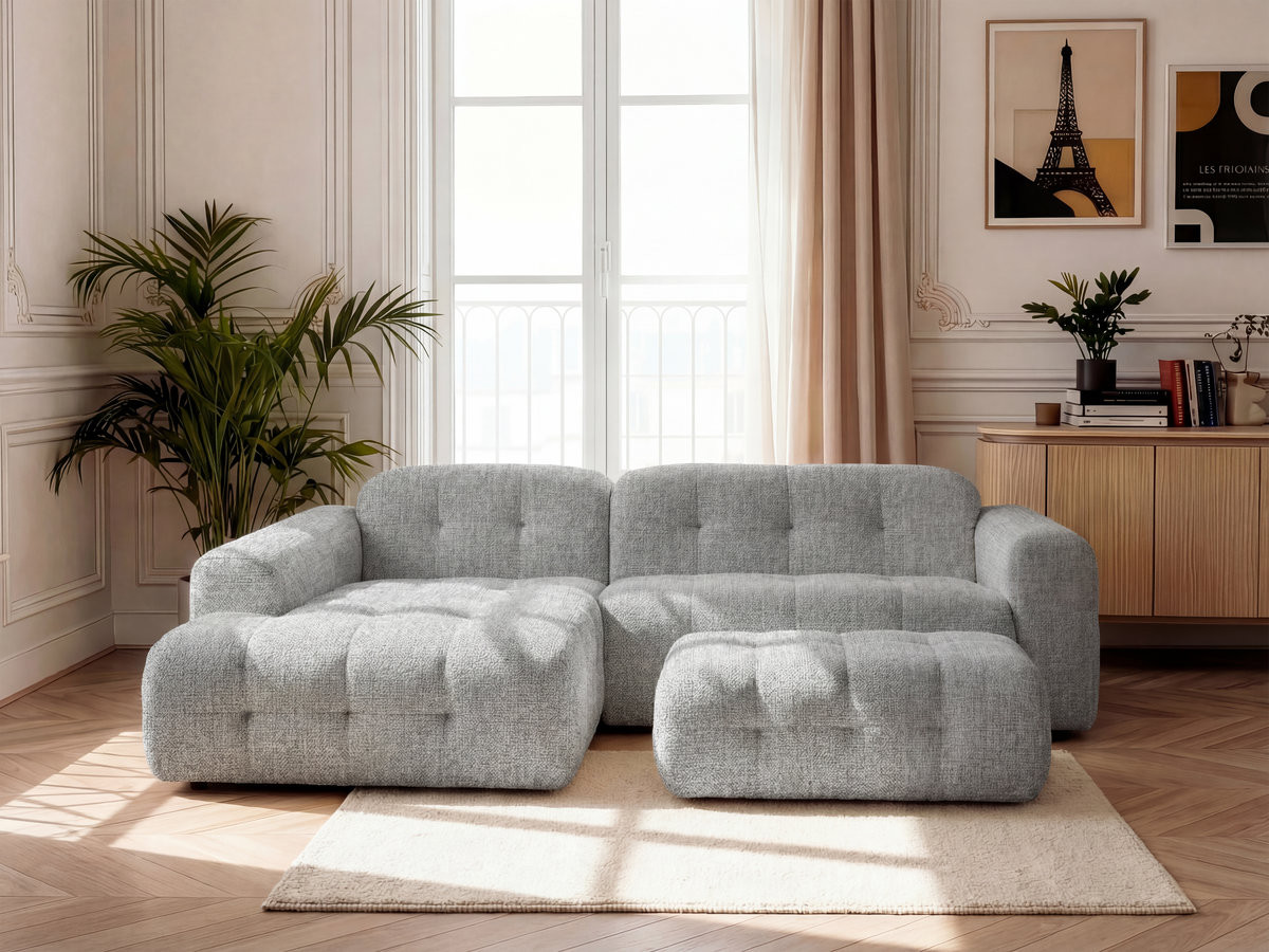 Bobochic Laura Ecksofa mit großem Pouf Melange-Stoff Hellgrau Ecke links