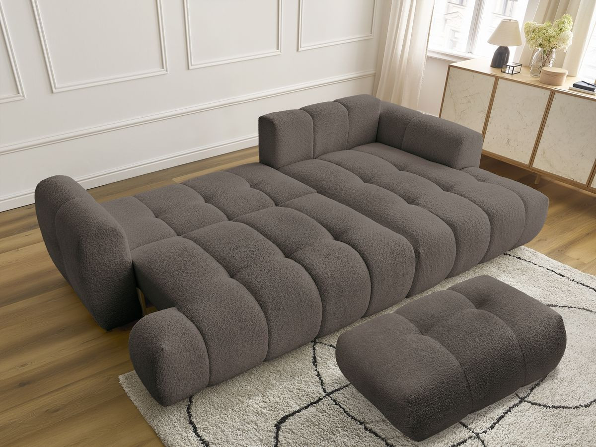 Bobochic Fuji Ecksofa mit Schlaffunktion und Bettkasten und Pouf 292 × 160 cm Bouclé-Stoff Braun Ecke rechts
