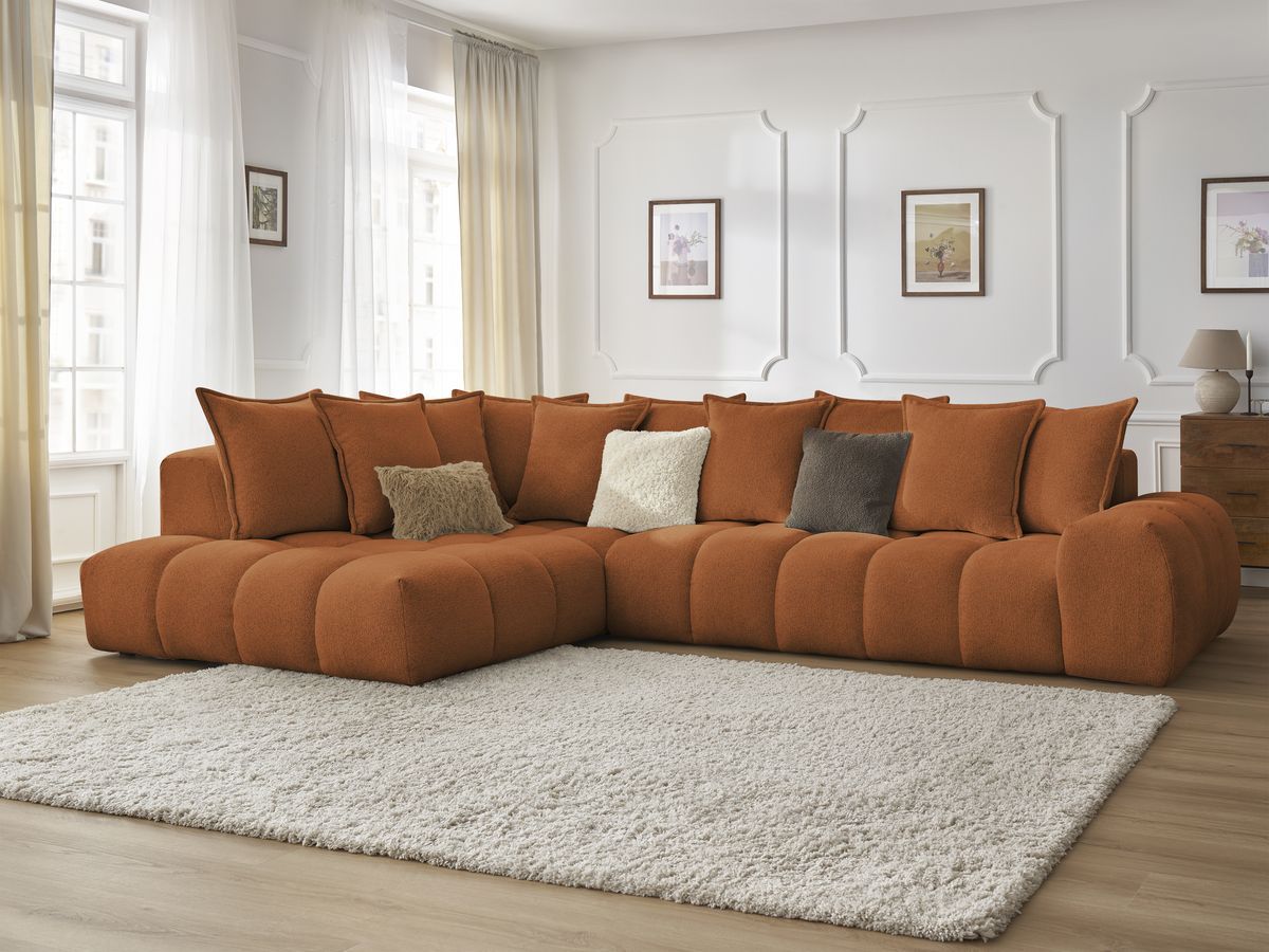 Bobochic Everest Ecksofa, 10 Kissen Melange-Stoff Orange Ecke links