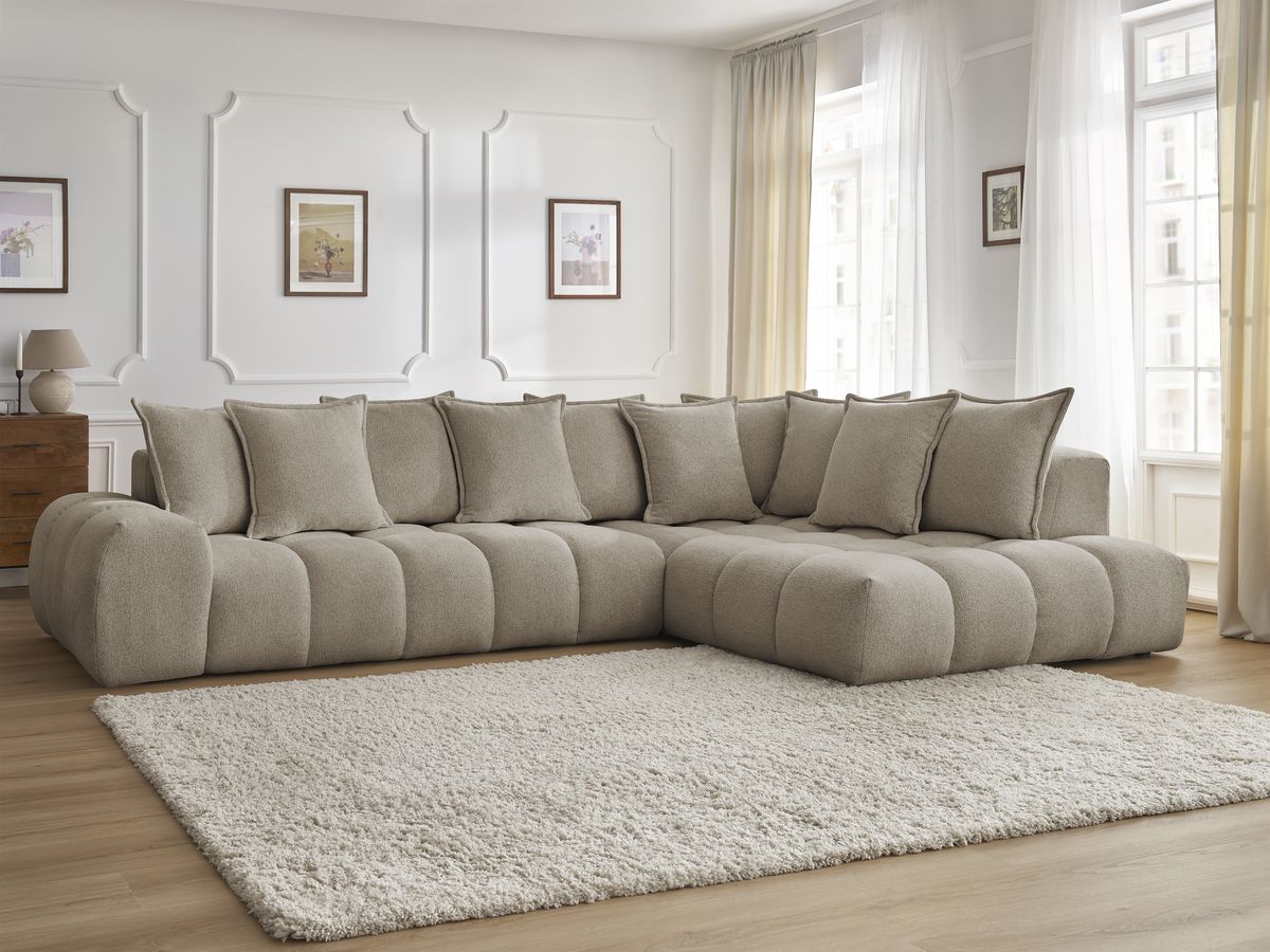 Bobochic Everest Ecksofa, 10 Kissen Melange-Stoff Taupe Ecke rechts