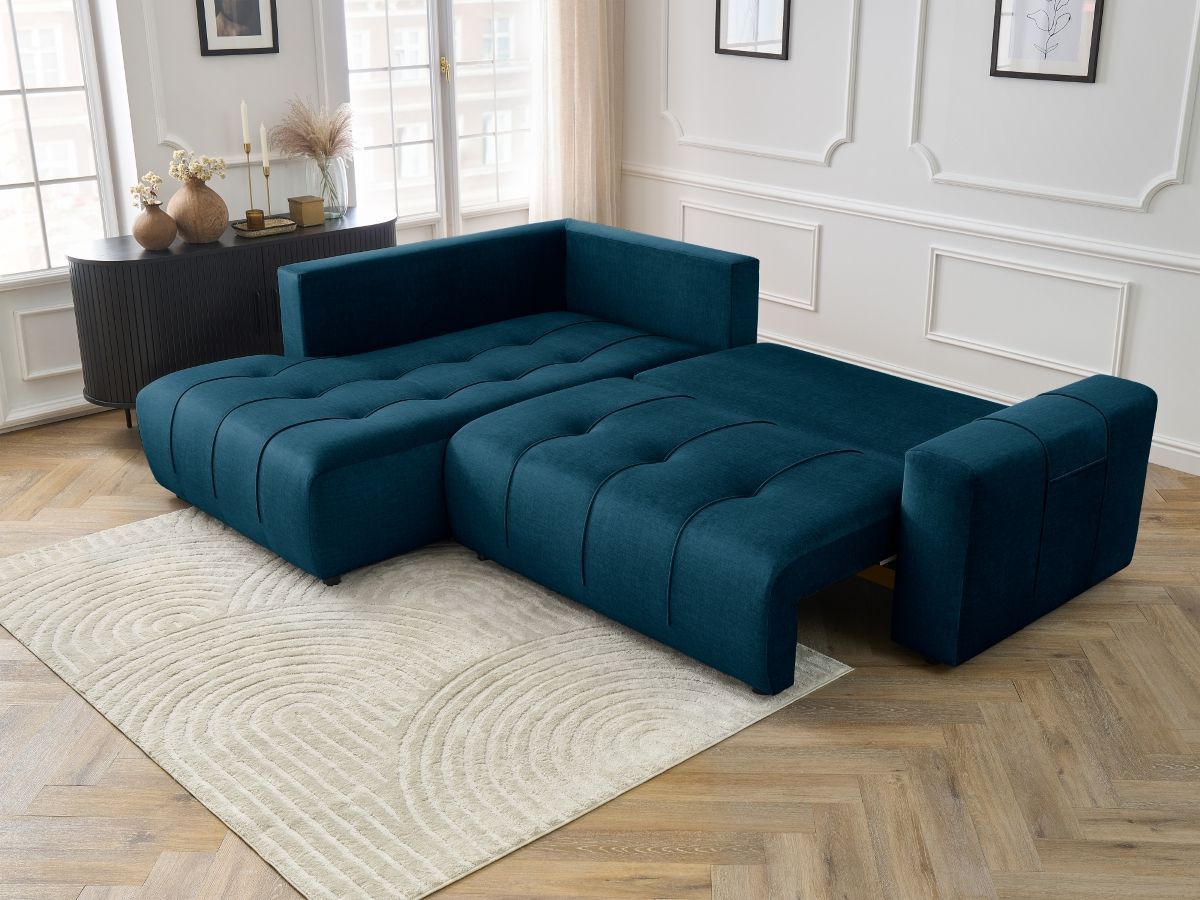 Bobochic Arsene Ecksofa mit Schlaffunktion und Bettkasten 277 × 200 cm Samt Dunkelblau Ecke links
