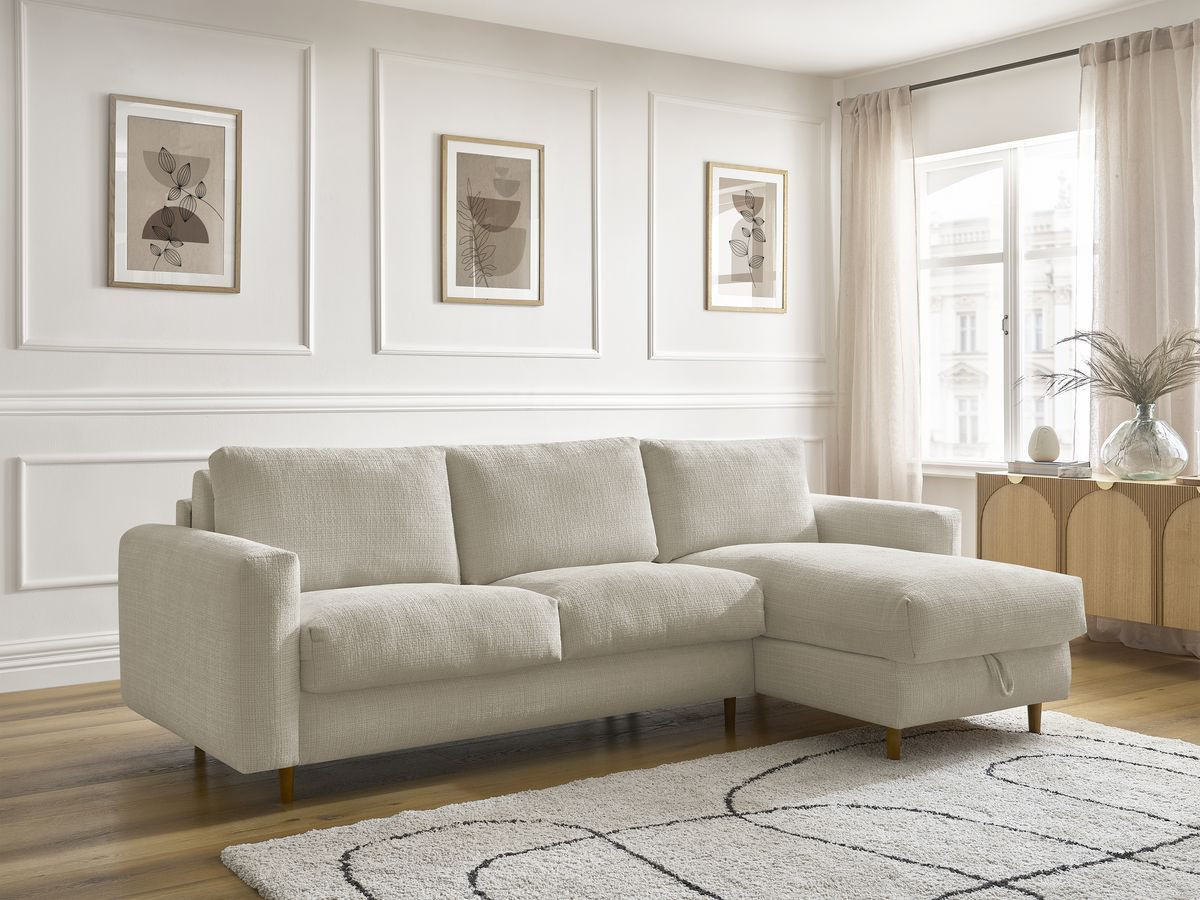 Bobochic Cocoone Ecksofa mit Schlaffunktion und Bettkasten Strukturstoff Beige, Liegefläche 160 × 200 cm