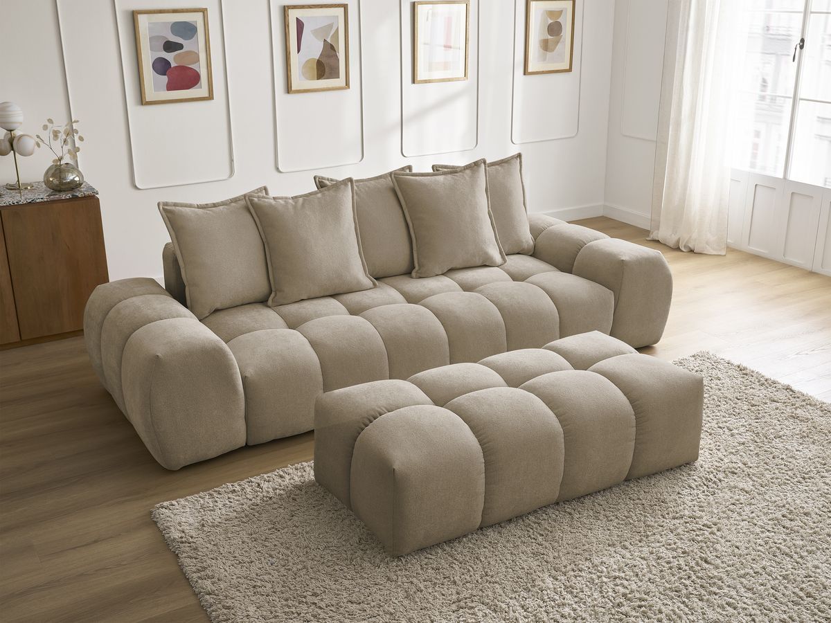 Bobochic Everest Sofa 3-Sitzer mit Pouf, 5 Kissen Strukturstoff Taupe