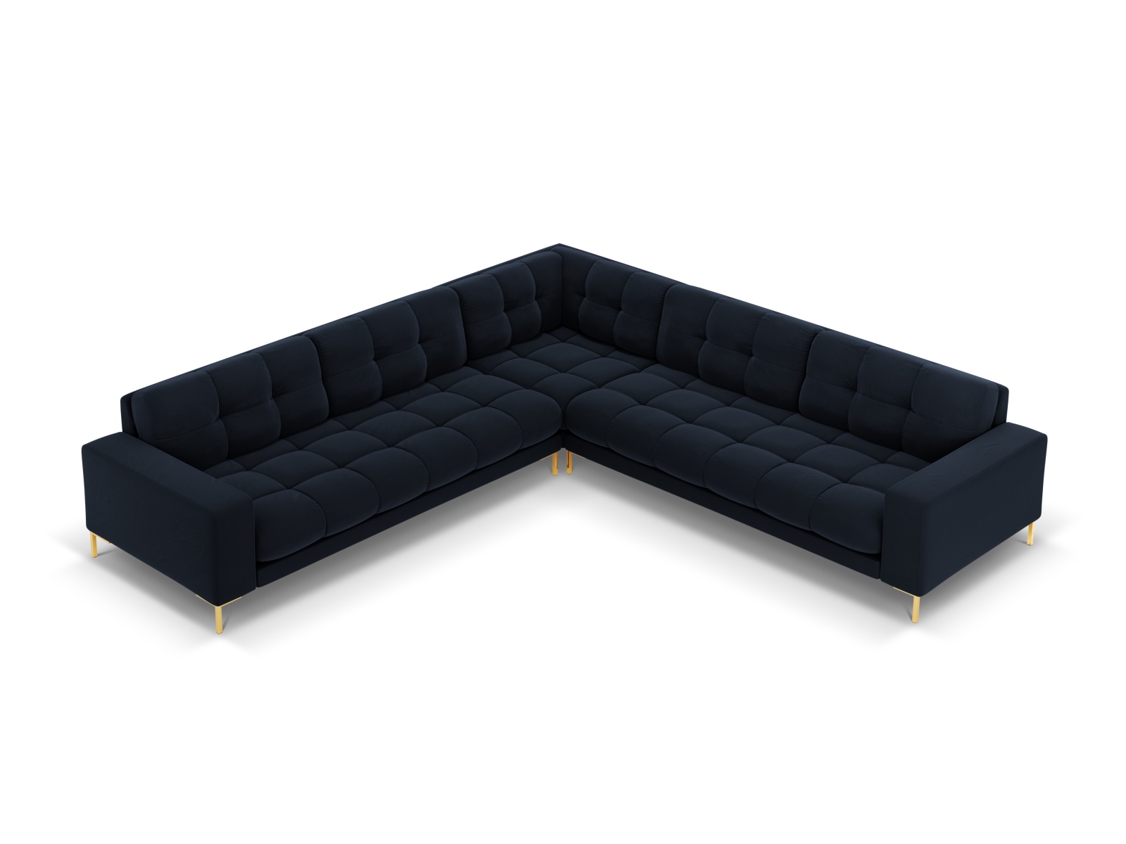 Cosmopolitan Design Symmetrisches Ecksofa Bali 6-Sitzer Samt Bluvel Dunkelblau Beine Gold