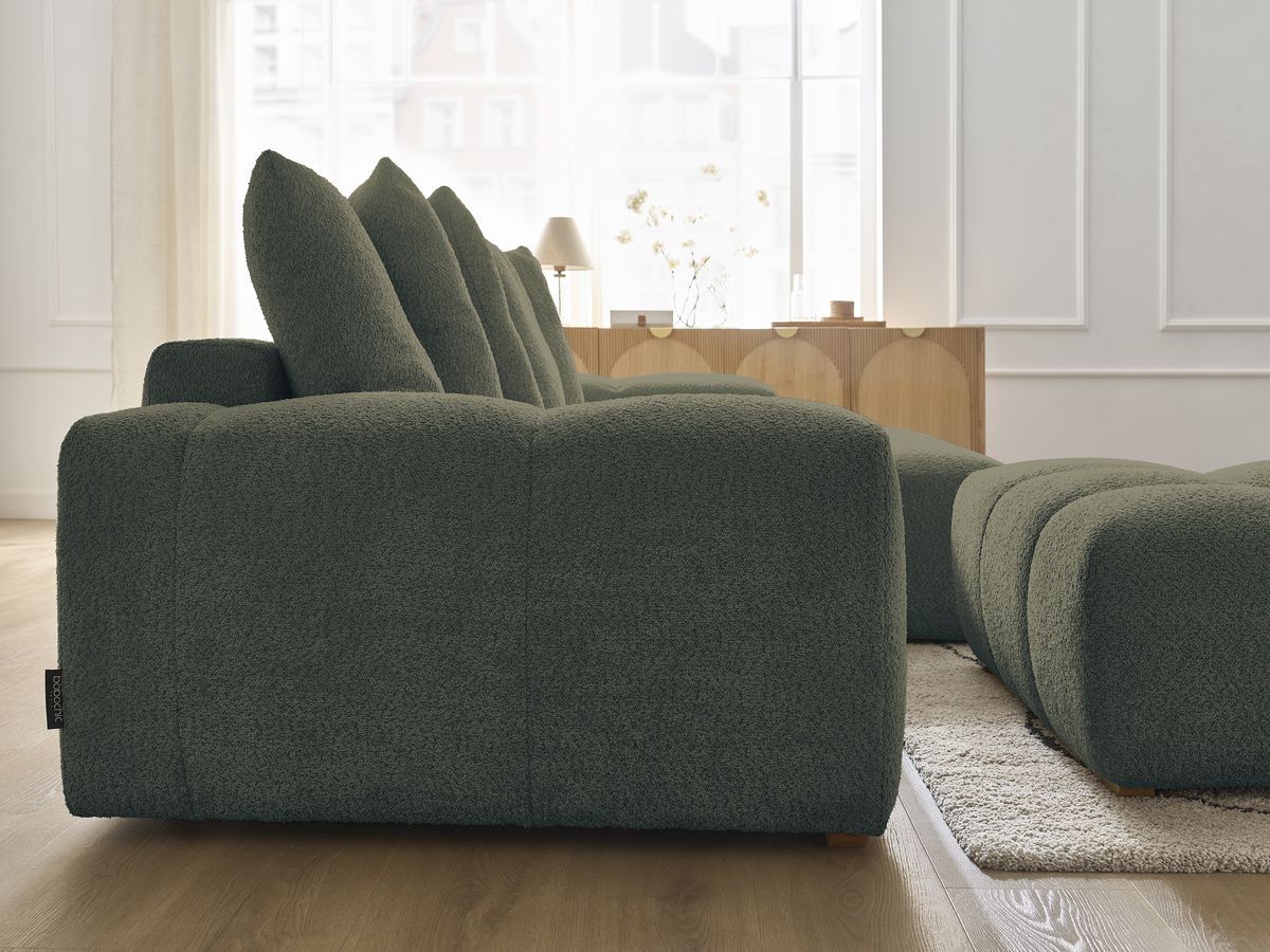 Bobochic Anakin Ecksofa mit Schlaffunktion und Bettkasten und Pouf, 6 Kissen Bouclé-Stoff Grün