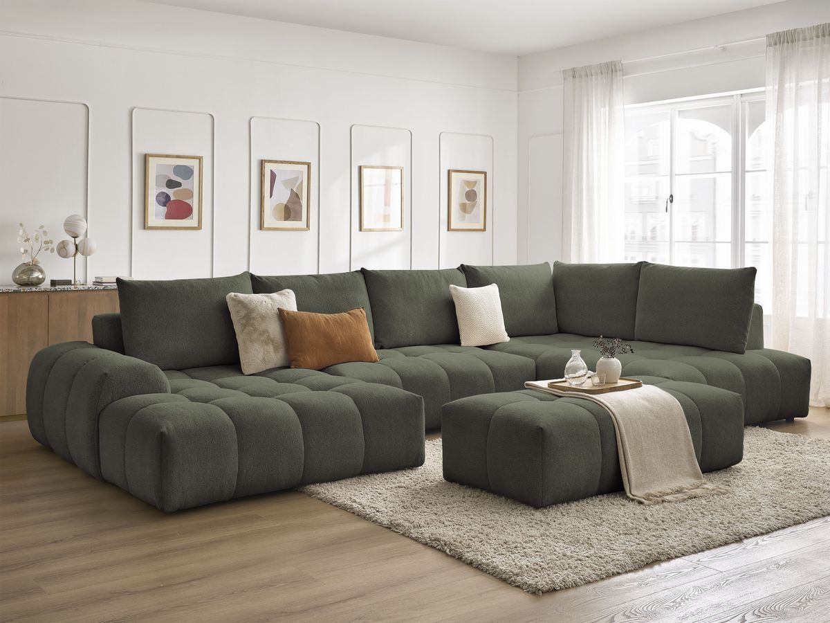 Bobochic Everest Wohnlandschaft mit Pouf, 6 Kissen Melange-Stoff Grün Ecke links