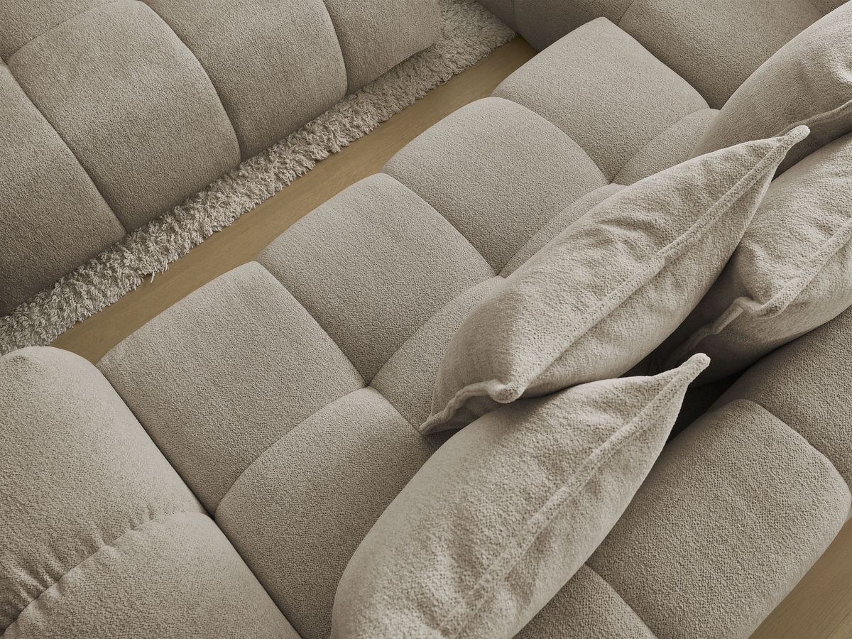 Bobochic Everest Ecksofa mit Schlaffunktion und Bettkasten und Pouf 320 × 212 cm, 10 Kissen Melange-Stoff Taupe Ecke links
