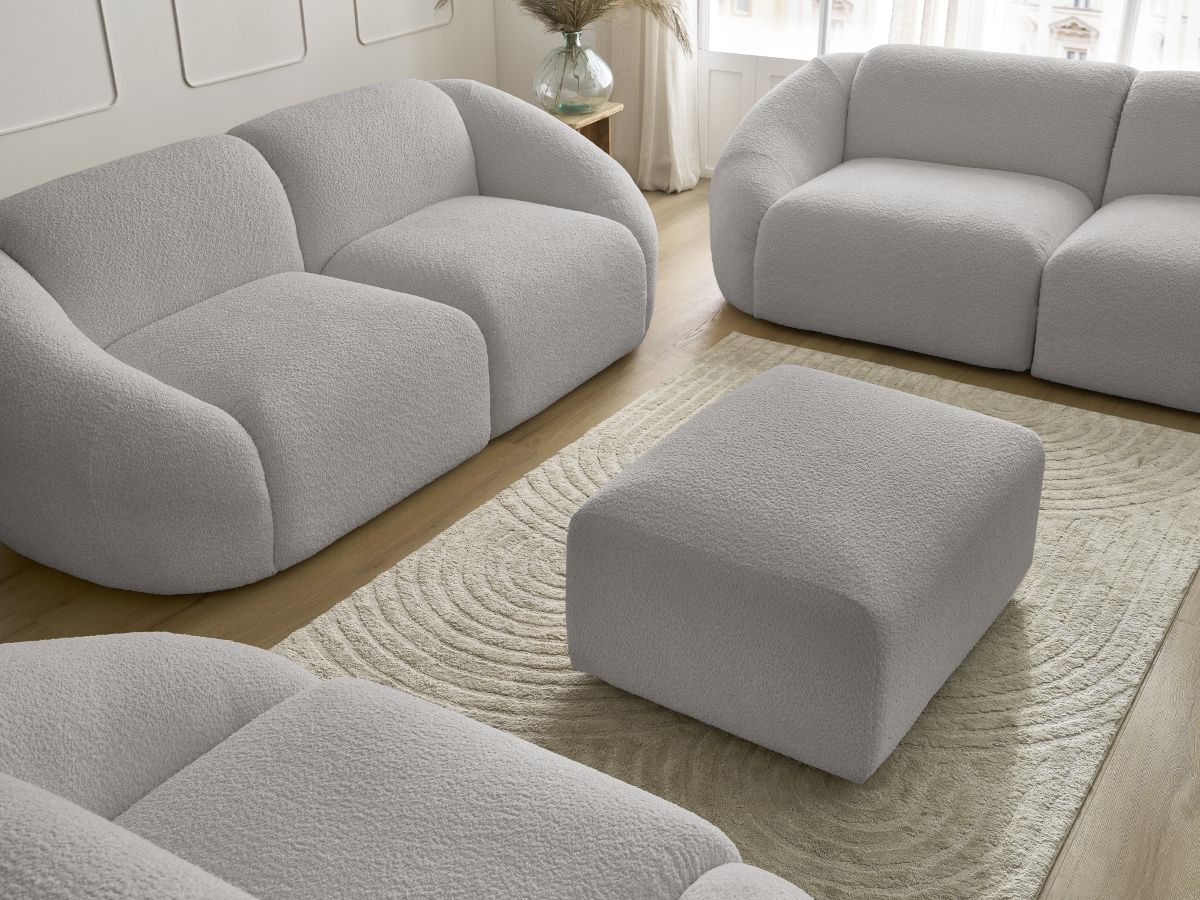 Bobochic Tina Sofa 7-Sitzer mit Pouf Bouclé-Stoff Hellgrau