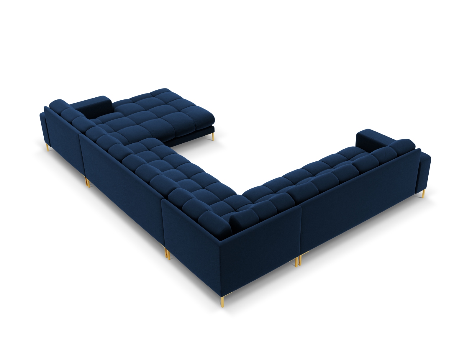 Cosmopolitan Design Panoramasofa Bali 7-Sitzer 327 cm Samt Bluvel Königsblau Links Beine Gold