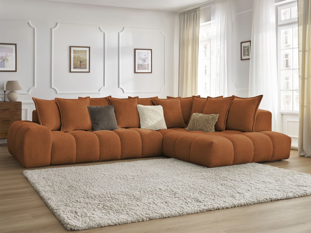 Bobochic Everest Ecksofa, 10 Kissen Melange-Stoff Orange Ecke rechts