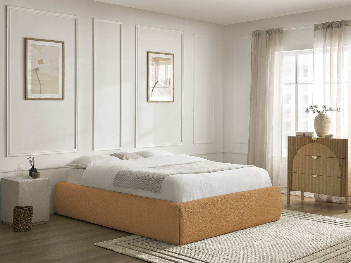 Bobochic Inera Bettgestell mit Bettkasten, ohne Kopfteil Bouclé-Stoff Gelb, Liegefläche 160 × 200 cm