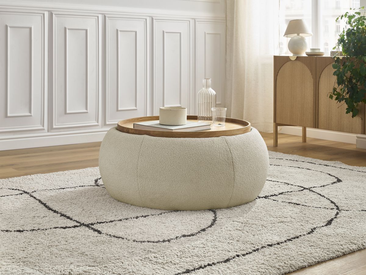Bobochic Hayden Pouf mit Tablett, rund Bouclé-Stoff Beige, 87 cm