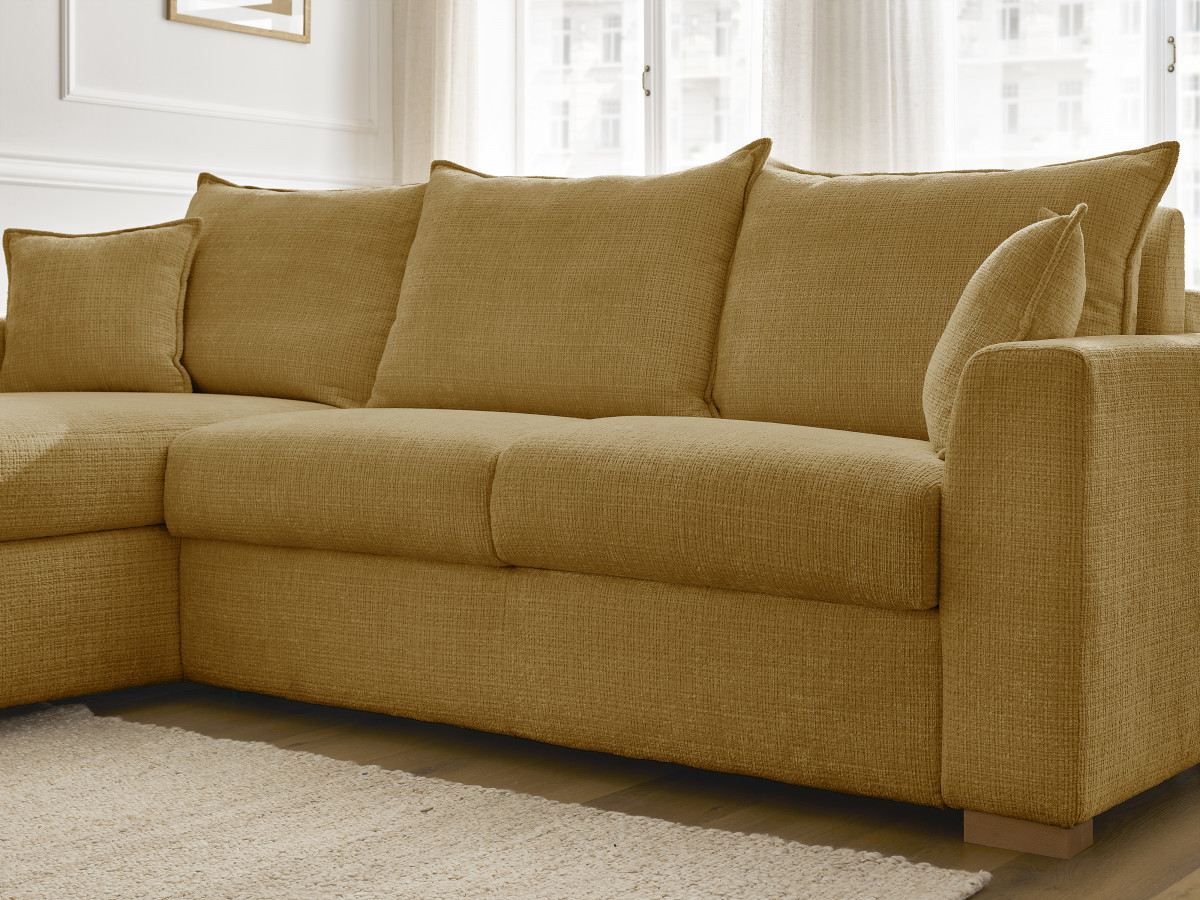 Bobochic Augustin Ecksofa mit Schlaffunktion und Bettkasten Strukturstoff Gelb, Liegefläche 140 × 200 cm