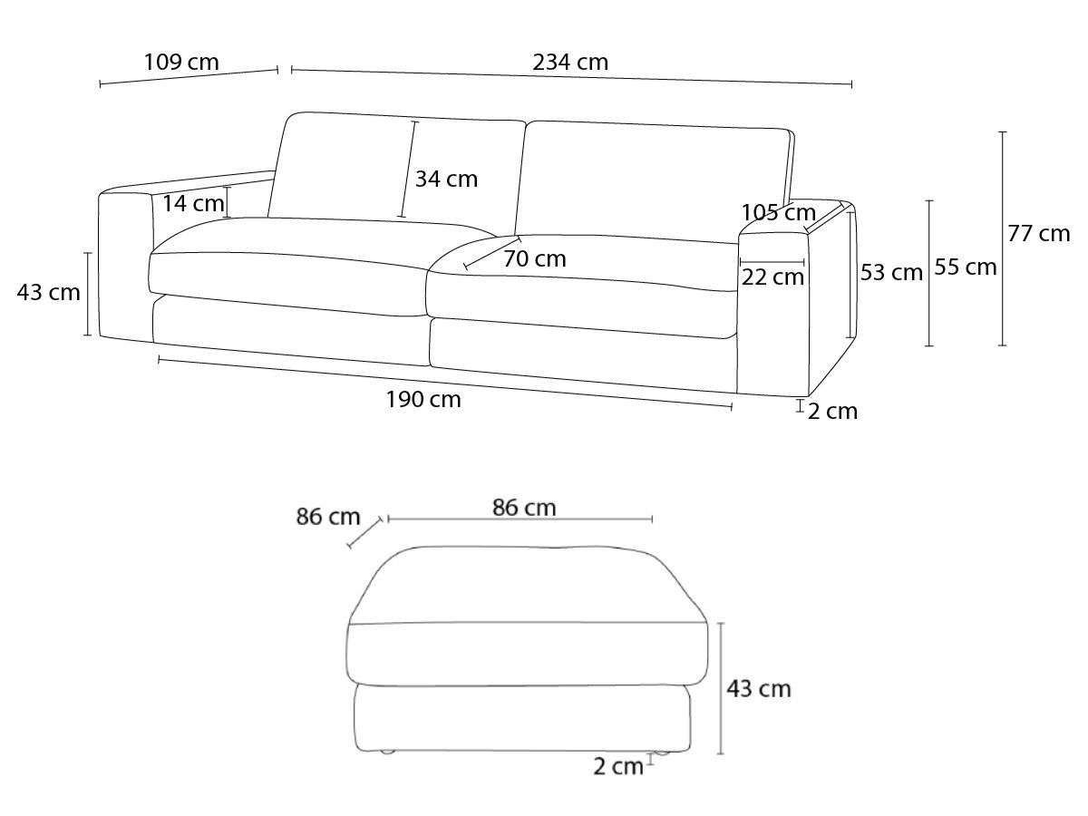 Bobochic Leonard Sofa 4-Sitzer mit Pouf 234 × 109 cm Cordsamt Dunkelblau