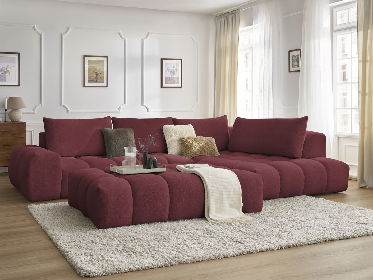 Bobochic Everest Ecksofa mit Schlaffunktion und Pouf, 4 Kissen Melange-Stoff Rot Ecke rechts
