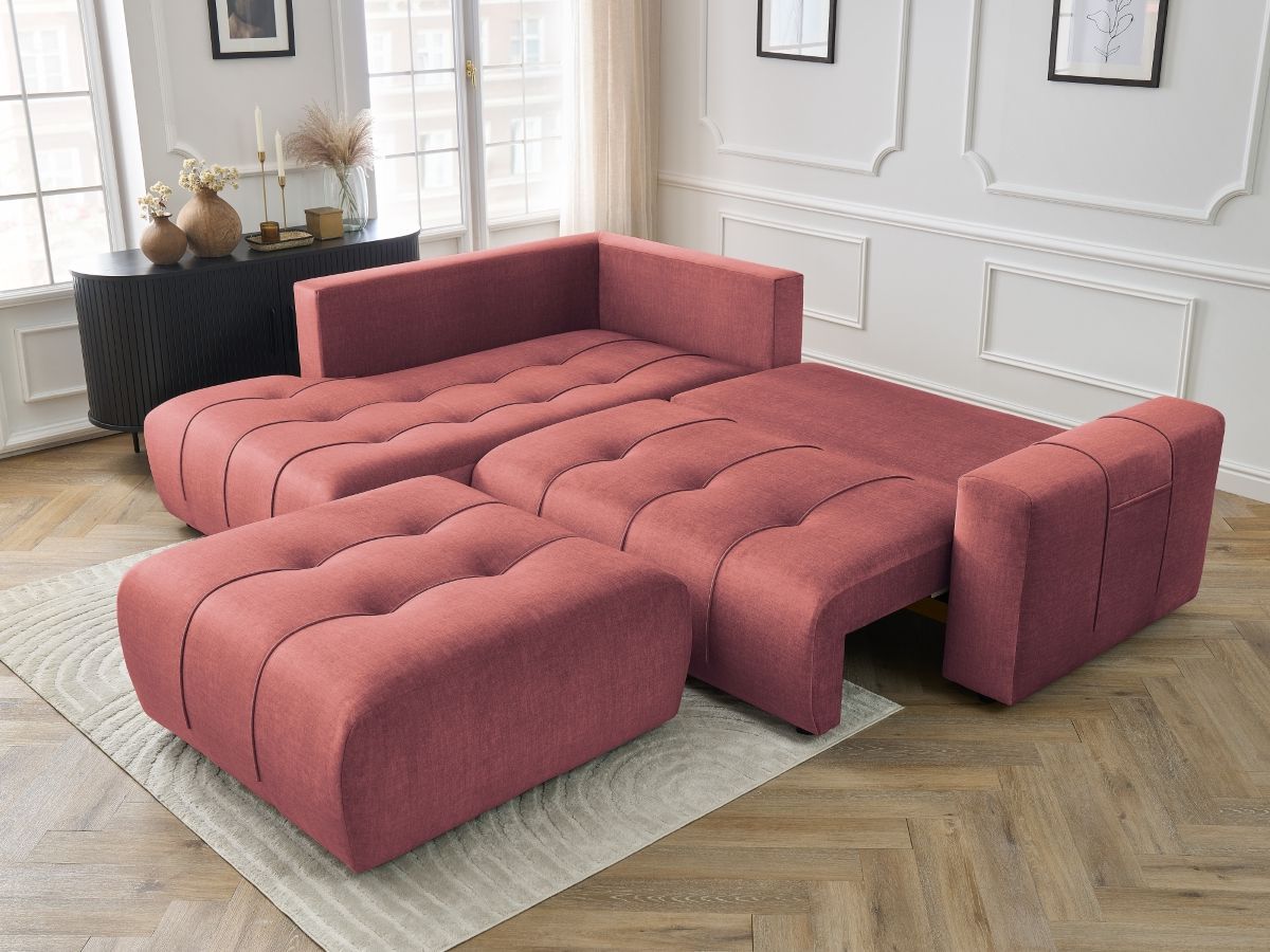 Bobochic Arsene Ecksofa mit Schlaffunktion und Bettkasten und Pouf 277 × 200 cm Samt Orange Ecke links