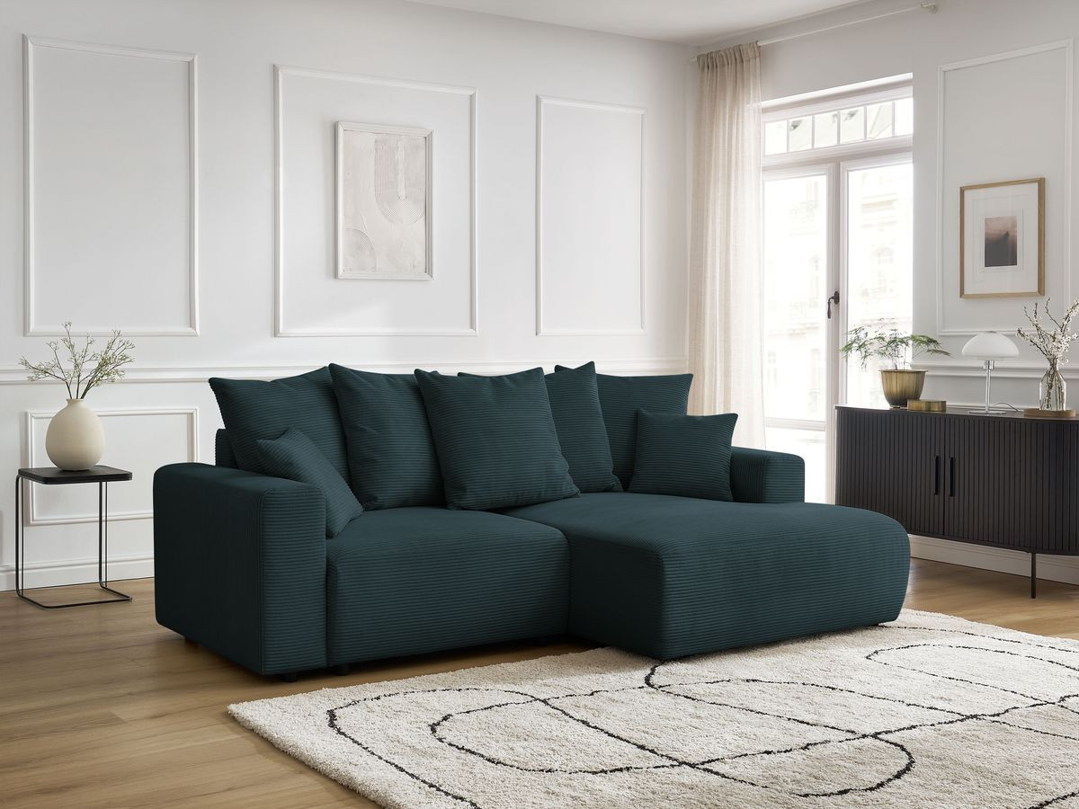 Bobochic Atilla Ecksofa mit Schlaffunktion und Bettkasten Cordsamt Dunkelblau Ecke rechts