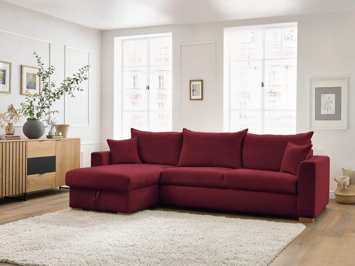 Bobochic Augustin Ecksofa mit Schlaffunktion und Bettkasten Bouclé-Stoff Rot, Liegefläche 140 × 200 cm
