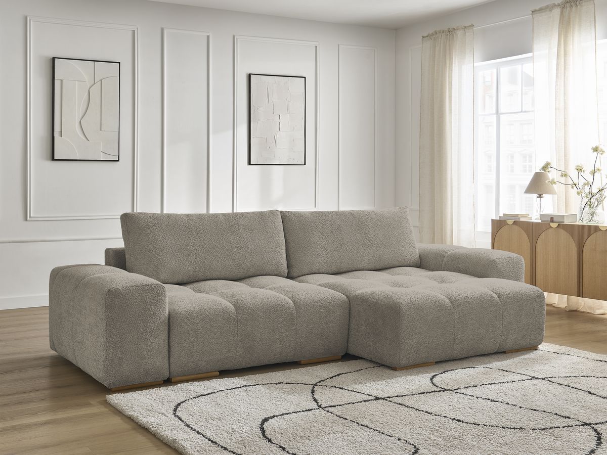Bobochic Anakin Ecksofa mit Schlaffunktion und Bettkasten, 2 Kissen Bouclé-Stoff Taupe