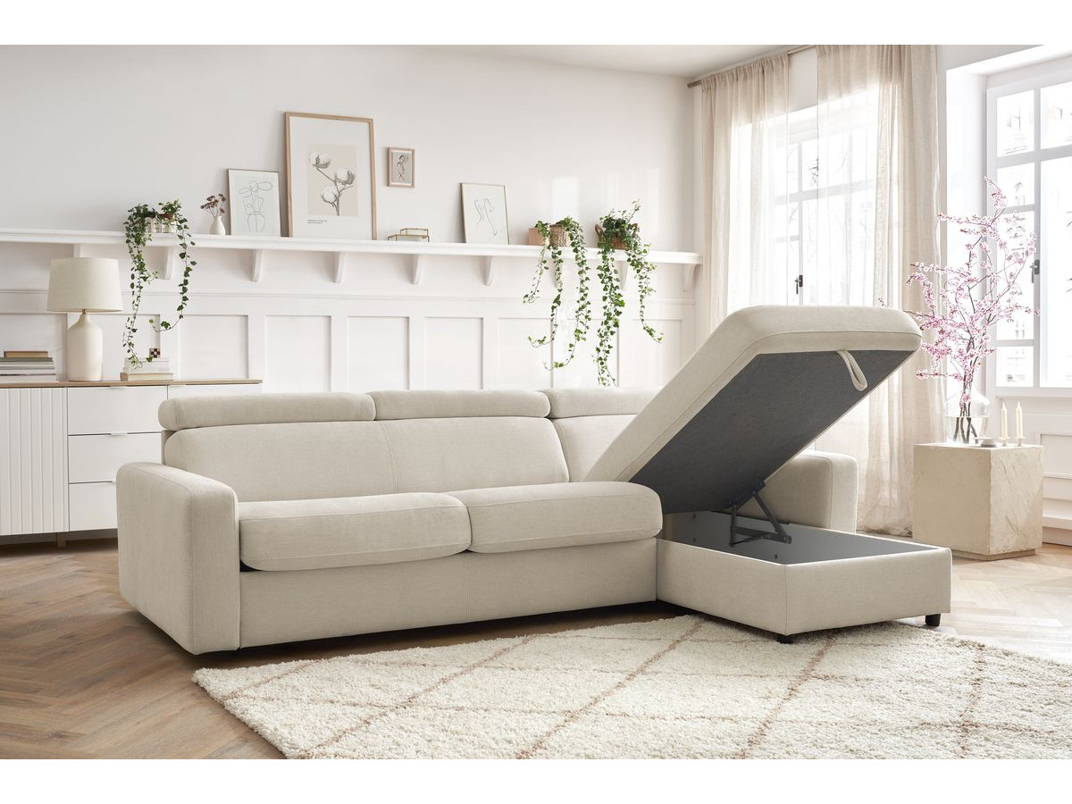Bobochic Monaco Ecksofa mit Schlaffunktion und Bettkasten Stoff Beige, Liegefläche 140 × 190 cm