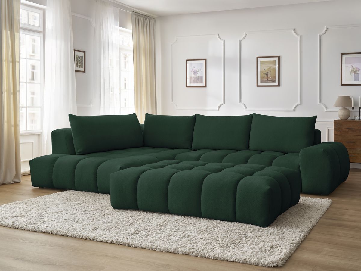 Bobochic Everest Ecksofa mit Schlaffunktion und Pouf, 4 Kissen Strukturstoff Grün Ecke links