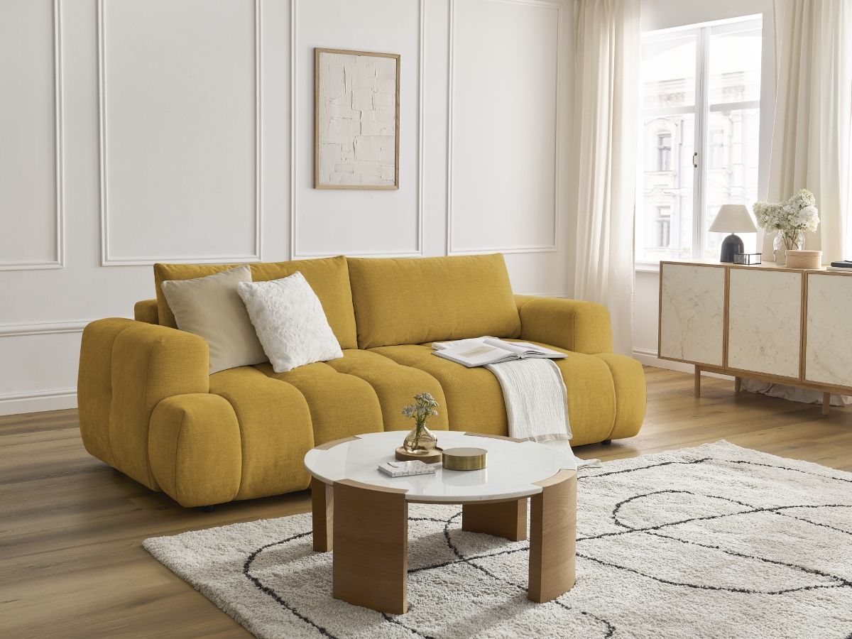 Bobochic Fuji Schlafsofa 3-Sitzer mit Bettkasten Stoff Gelb