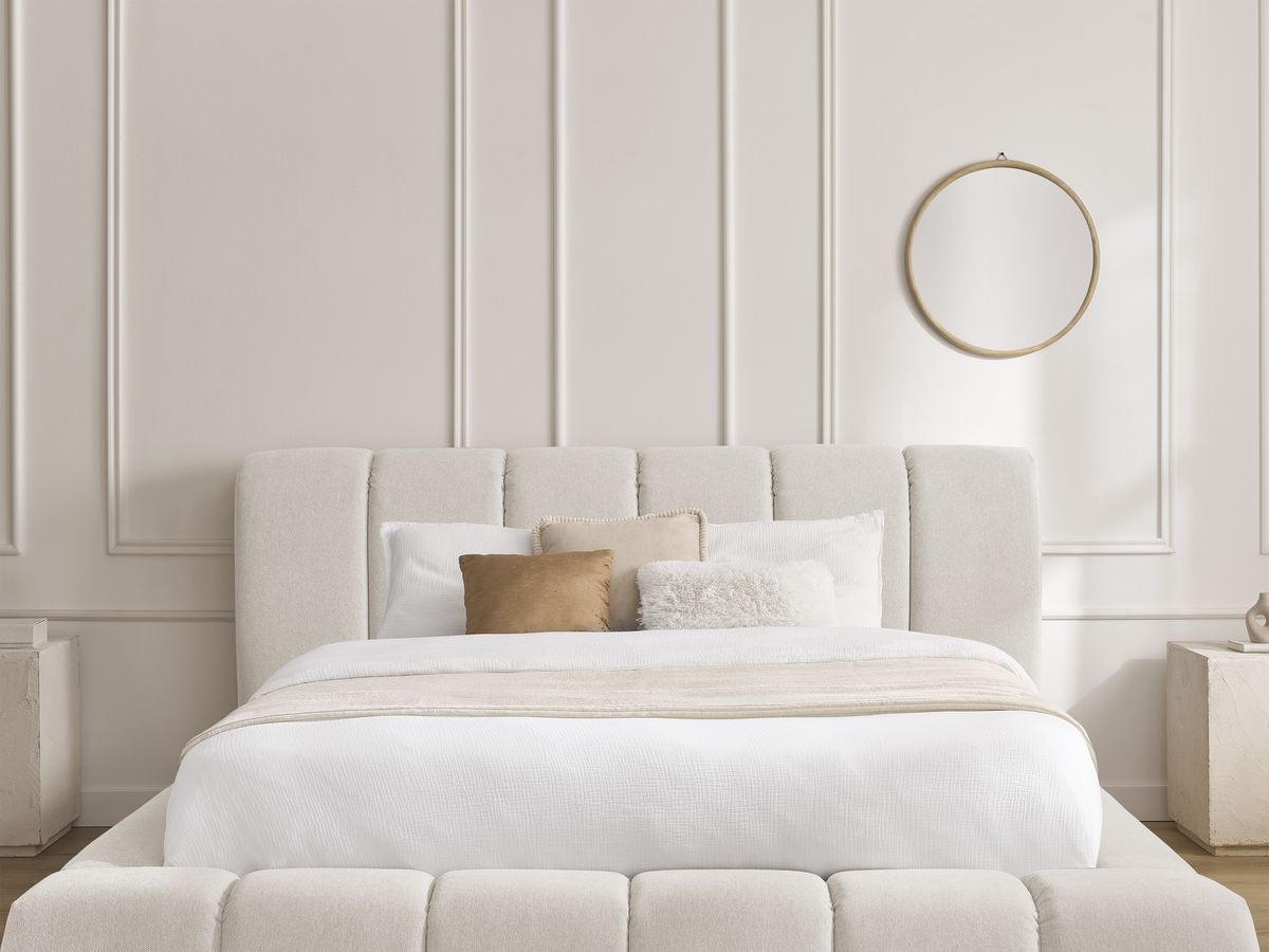 Bobochic Denali Polsterbett mit Bettkasten Stoff Beige, Liegefläche 140 × 190 cm