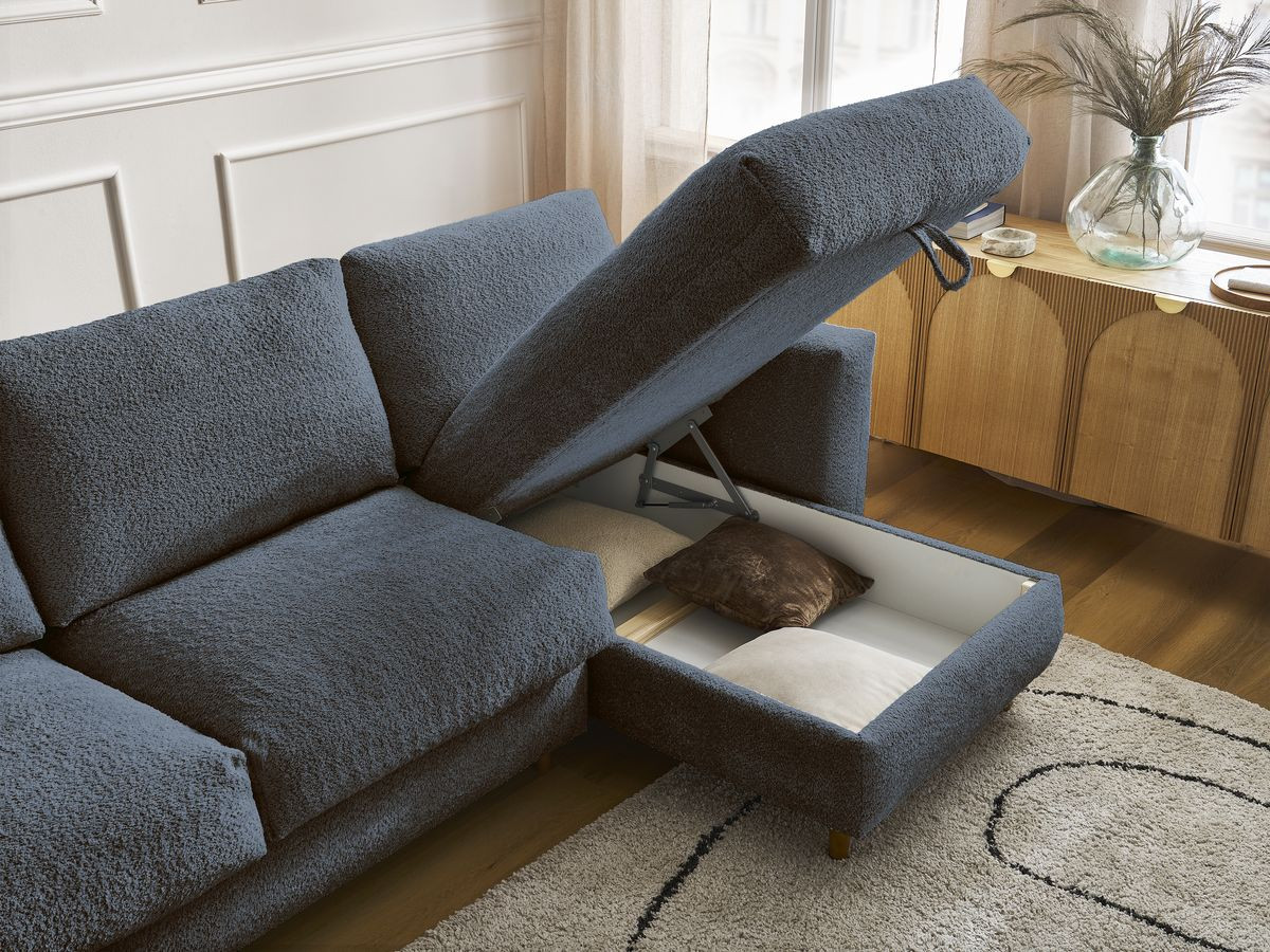 Bobochic Cocoone Ecksofa mit Schlaffunktion und Bettkasten Bouclé-Stoff Dunkelblau, Liegefläche 160 × 200 cm
