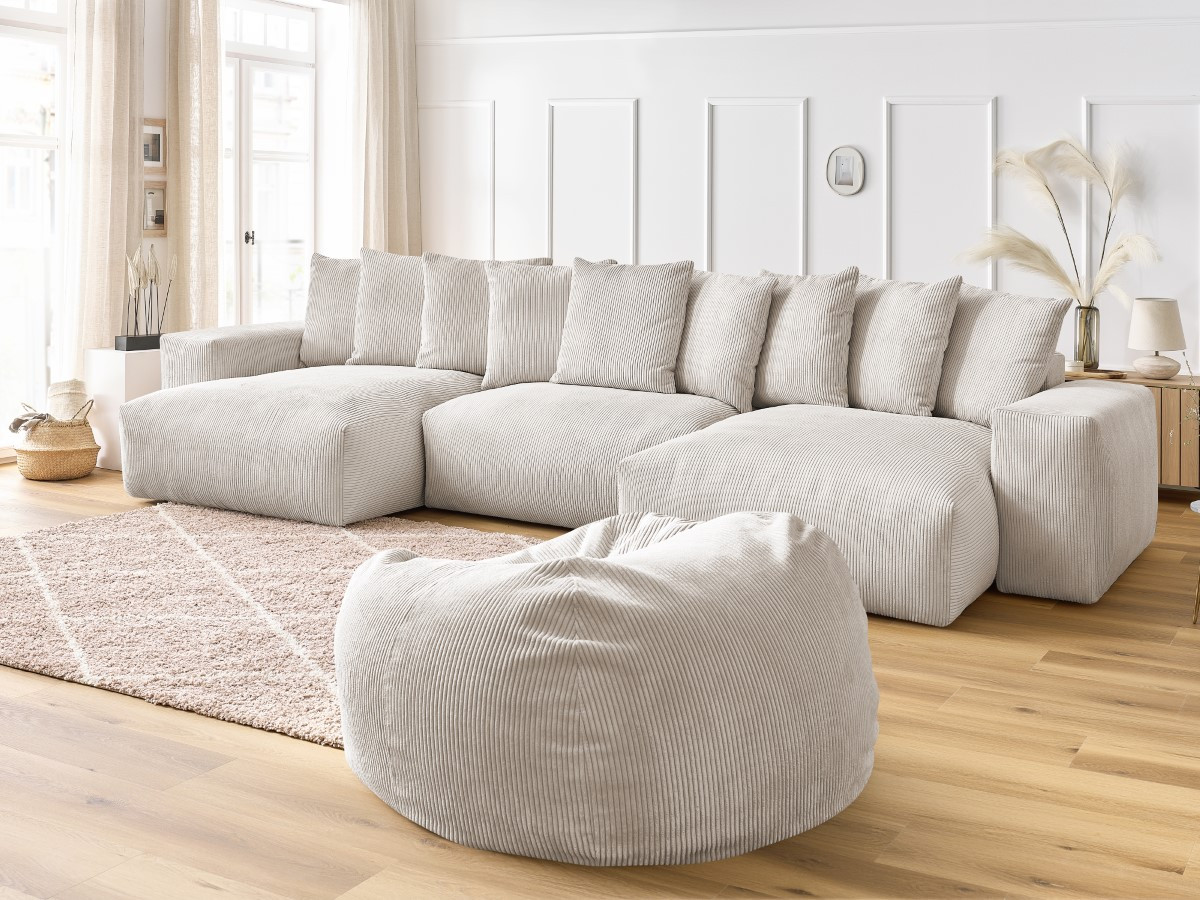 Bobochic Voltaire Wohnlandschaft mit Pouf 420 × 174 cm Cordsamt Beige