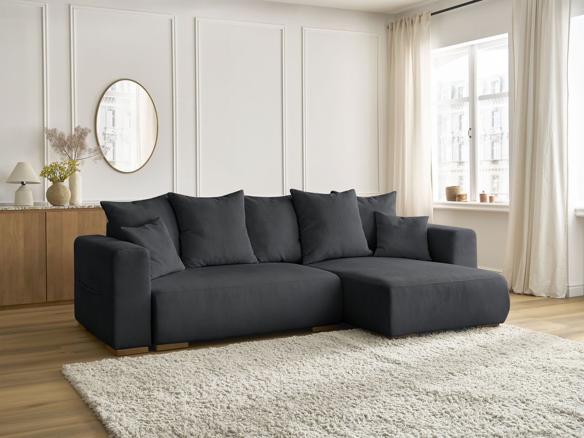 Bobochic Sidonie Ecksofa mit Schlaffunktion und Bettkasten Cordsamt Schwarz