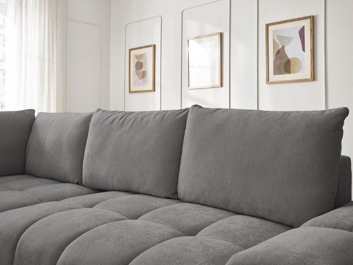 Bobochic Everest Ecksofa mit Schlaffunktion und Bettkasten 320 × 212 cm, 5 Kissen Strukturstoff Dunkelgrau Ecke links