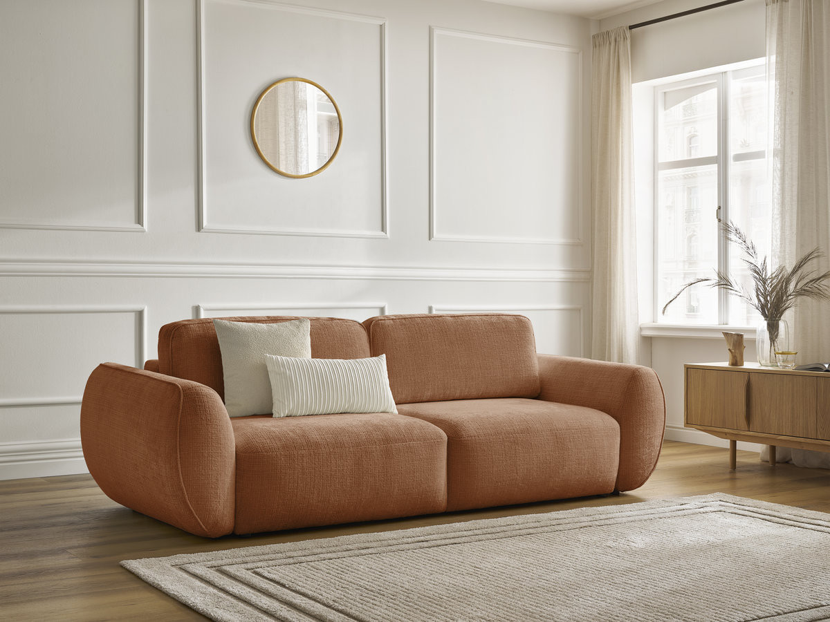 Bobochic Denise Schlafsofa 3-Sitzer mit Bettkasten Strukturstoff Orange