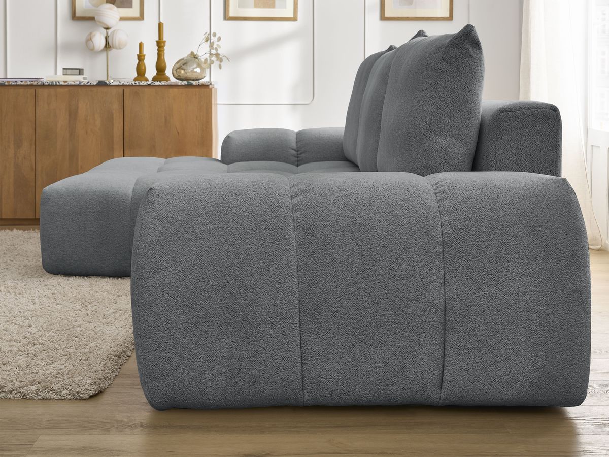Bobochic Everest Ecksofa mit Schlaffunktion und Bettkasten 318 × 180 cm, 3 Kissen Melange-Stoff Dunkelgrau Ecke links