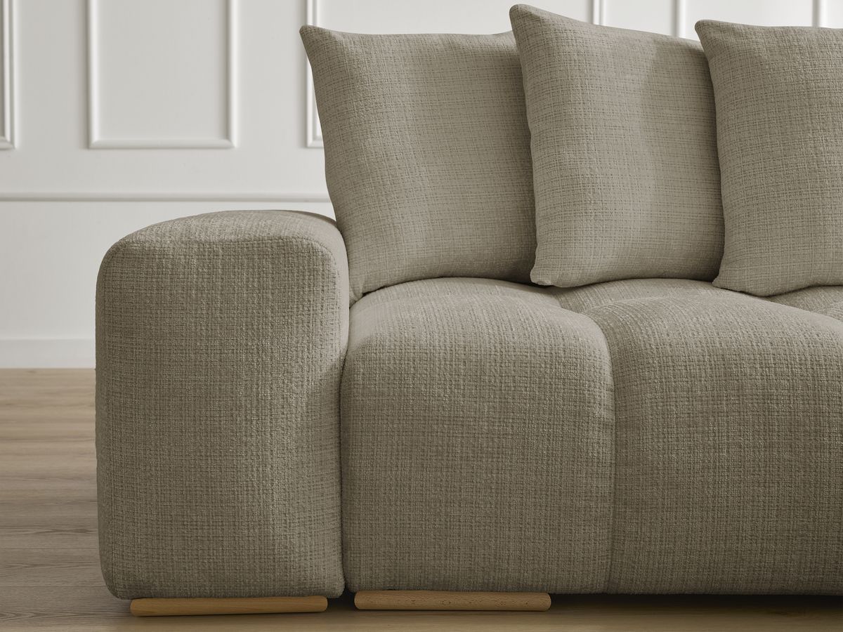Bobochic Anakin Ecksofa mit Schlaffunktion und Bettkasten und Pouf, 6 Kissen Strukturstoff Taupe