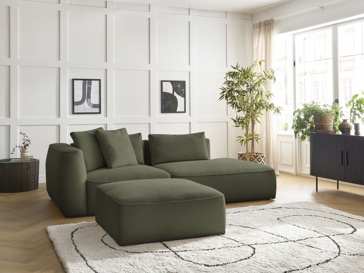 Bobochic Leopold Sofa 4-Sitzer mit Pouf Cordsamt Hellgrün Armlehne links