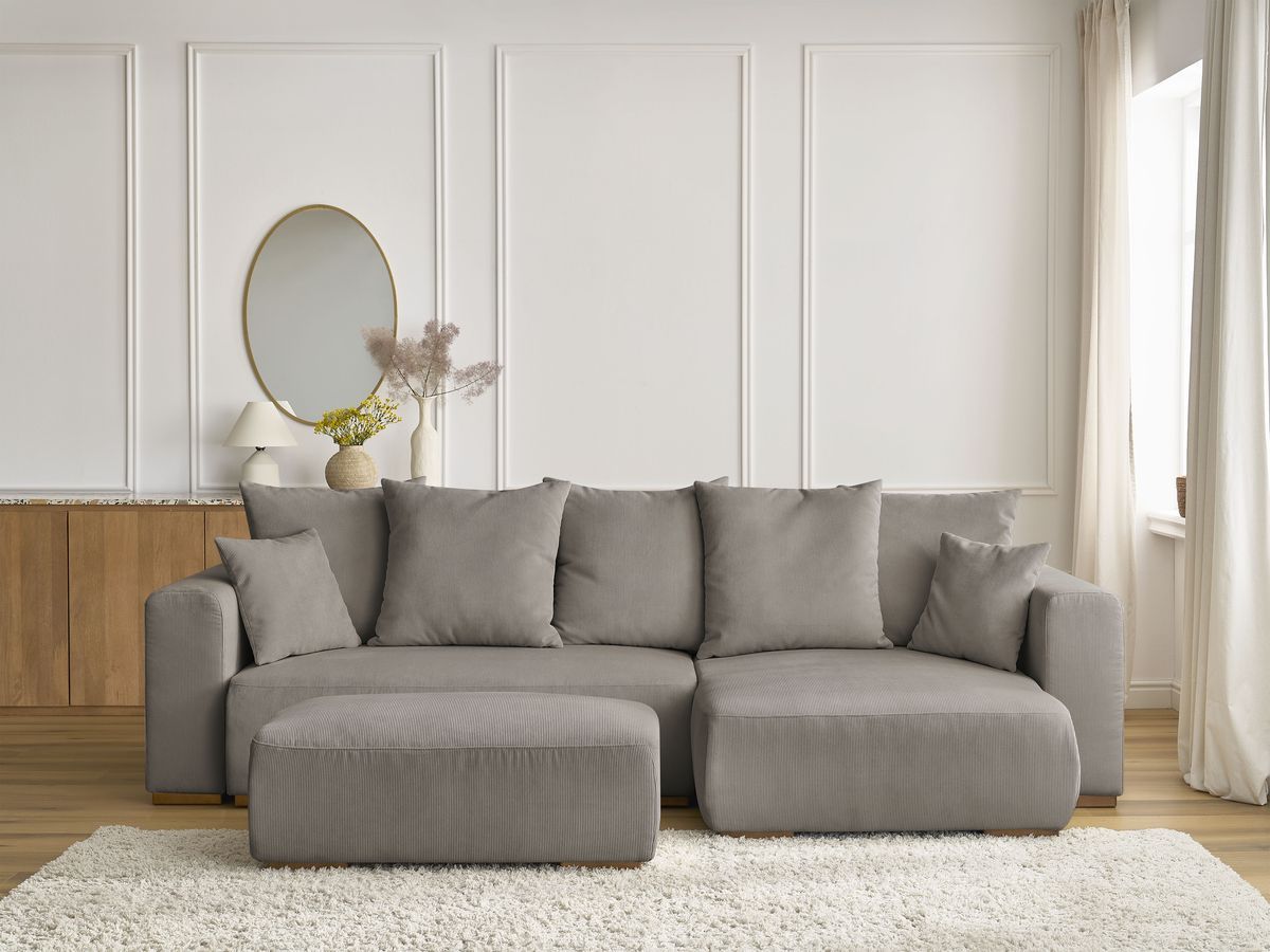 Bobochic Sidonie Ecksofa mit Schlaffunktion und Bettkasten und Pouf Cordsamt Taupe