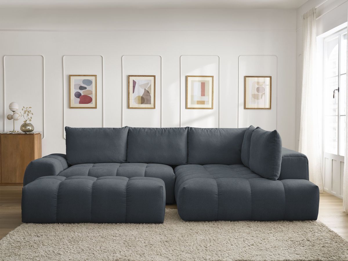 Bobochic Everest Ecksofa mit Schlaffunktion und Bettkasten und Pouf 320 × 212 cm, 5 Kissen Strukturstoff Dunkelblau Ecke rechts