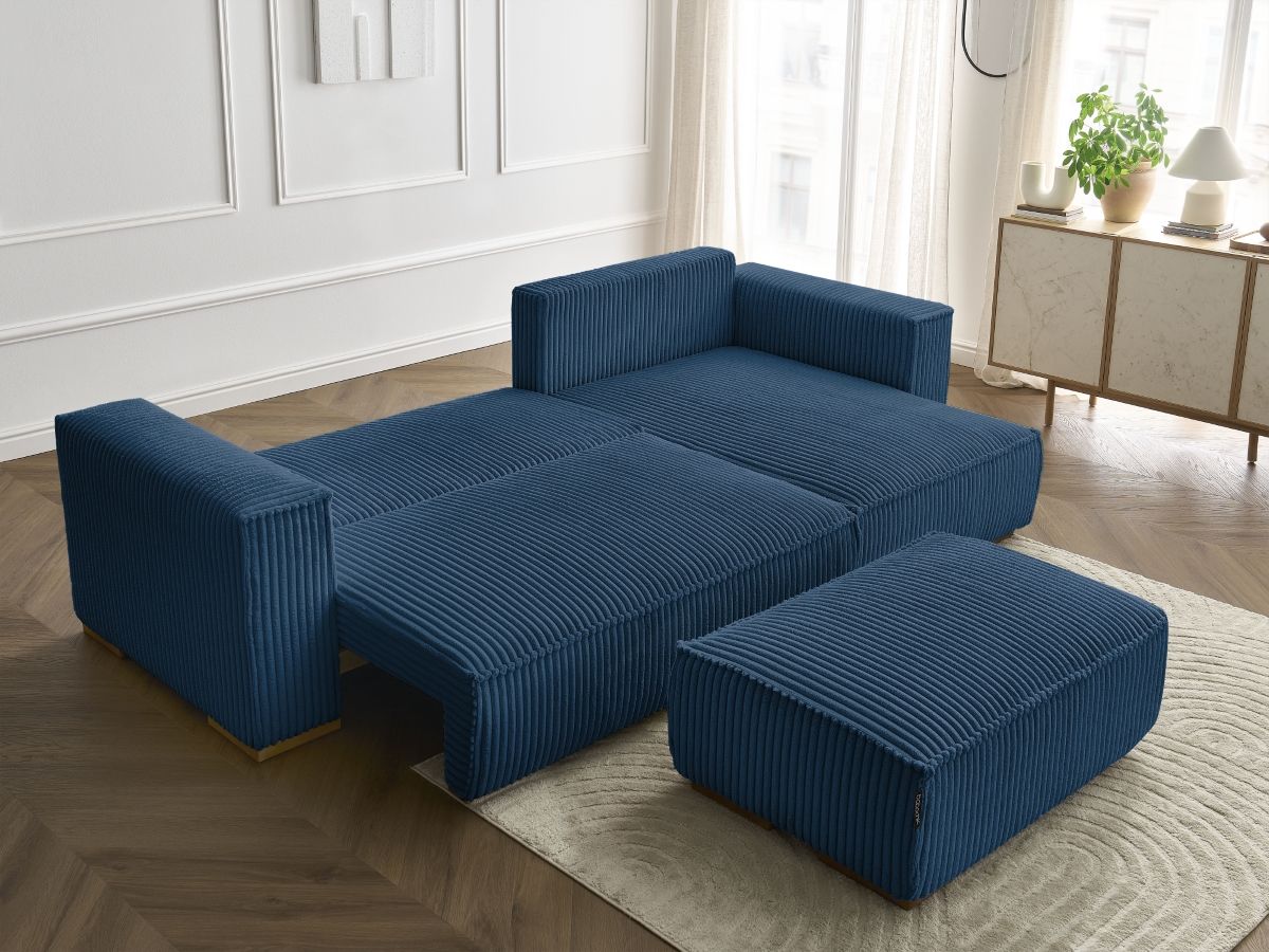 Bobochic Chelsea Ecksofa mit Schlaffunktion und Bettkasten und Pouf Breitcord weich Dunkelblau