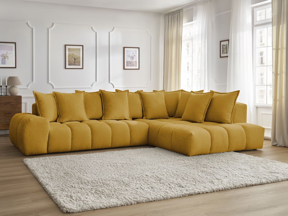 Bobochic Everest Ecksofa, 10 Kissen Strukturstoff Gelb Ecke rechts