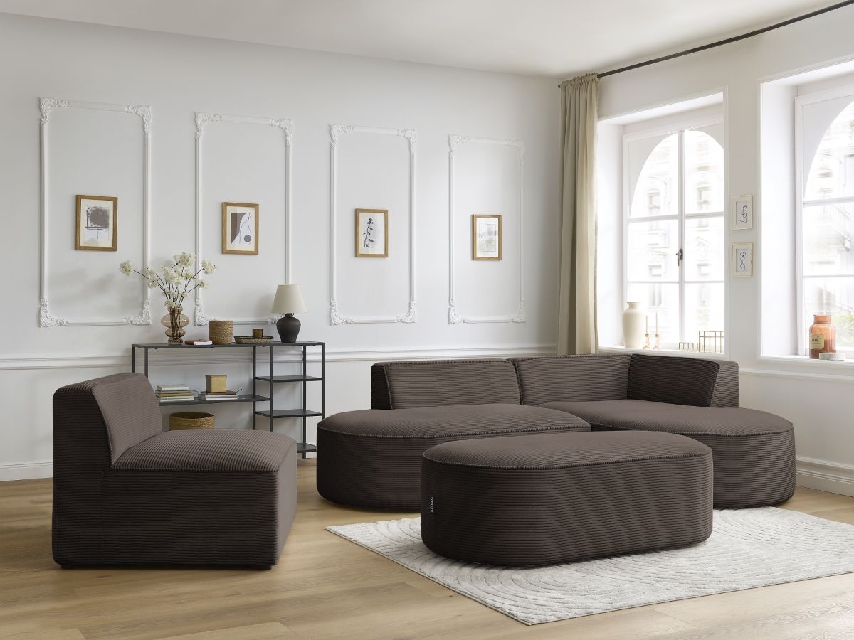 Bobochic Rousseau Ecksofa mit Sofamodul und Pouf Cordsamt Braun Ecke rechts