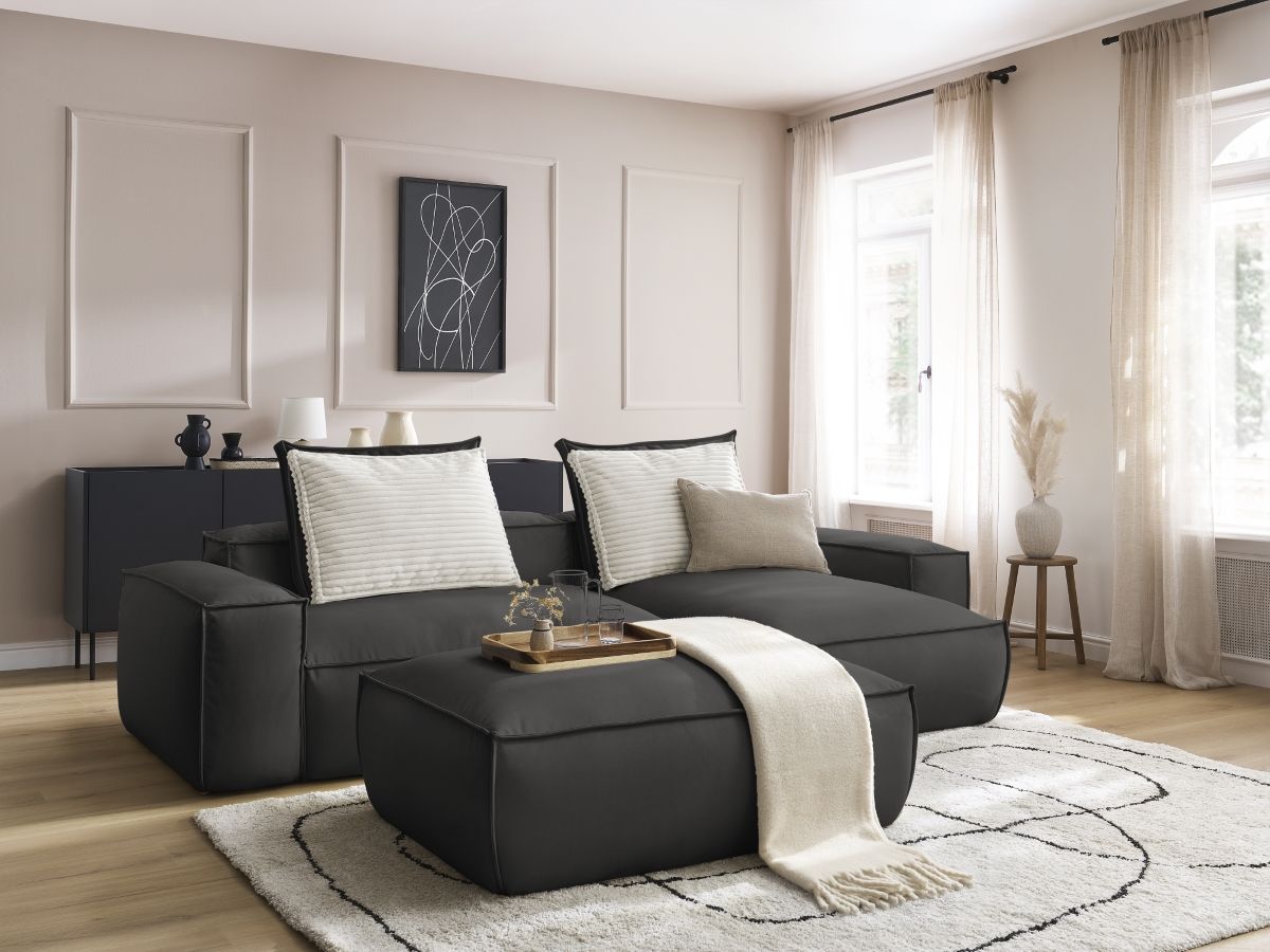 Bobochic Boheme Ecksofa mit Pouf Kunstleder Schwarz