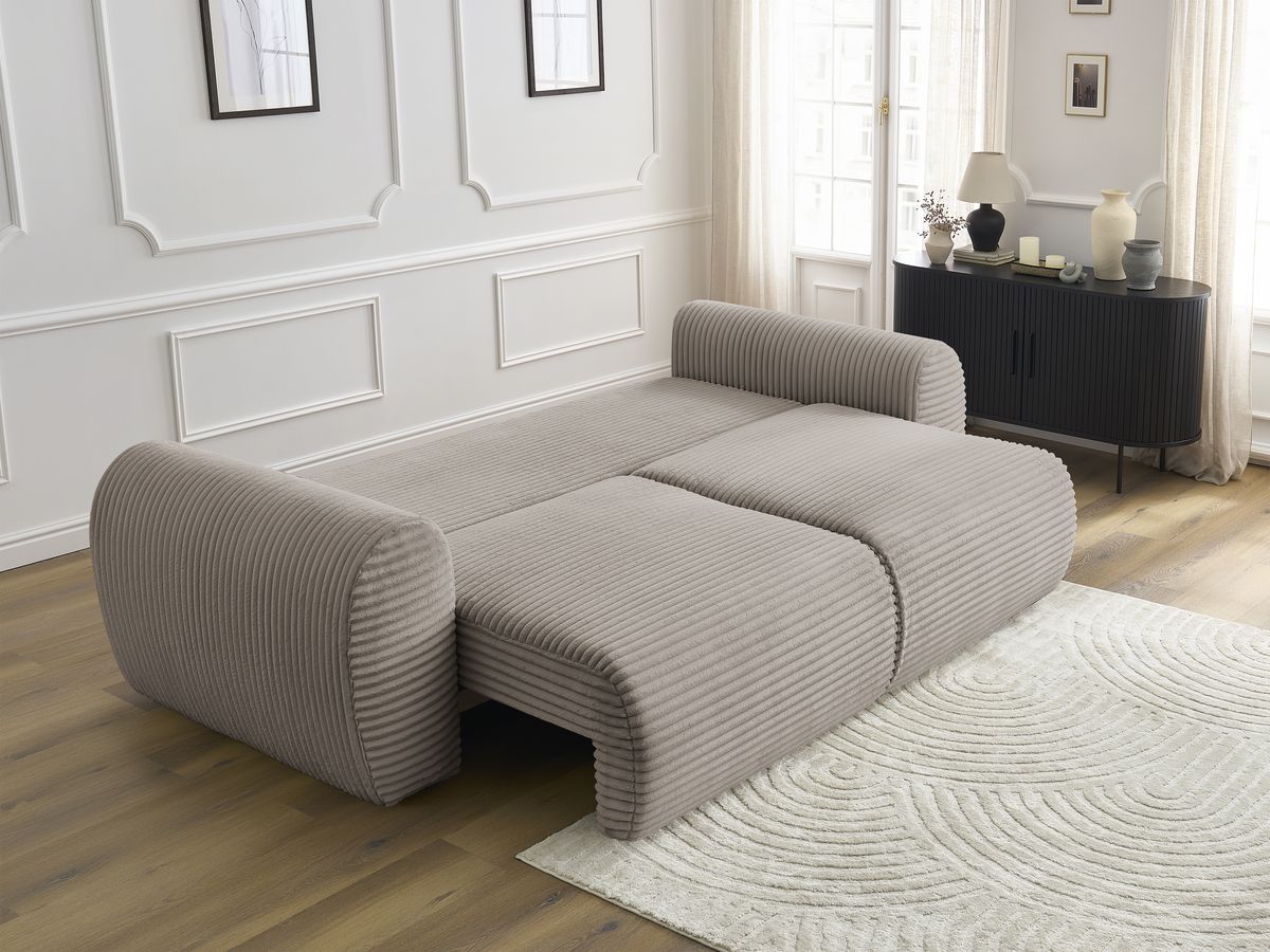 Bobochic Lucien Schlafsofa 3-Sitzer mit Bettkasten Breitcord weich Taupe