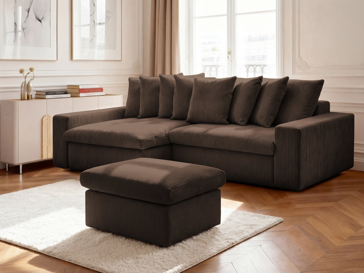 Bobochic Enore Ecksofa mit Pouf Cordsamt Braun Ecke links