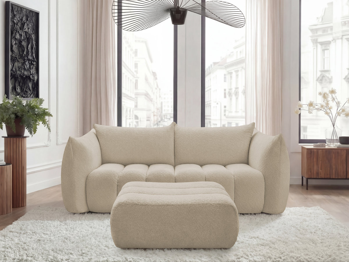 Bobochic Azra Sofa 3-Sitzer mit Pouf Bouclé-Stoff Beige