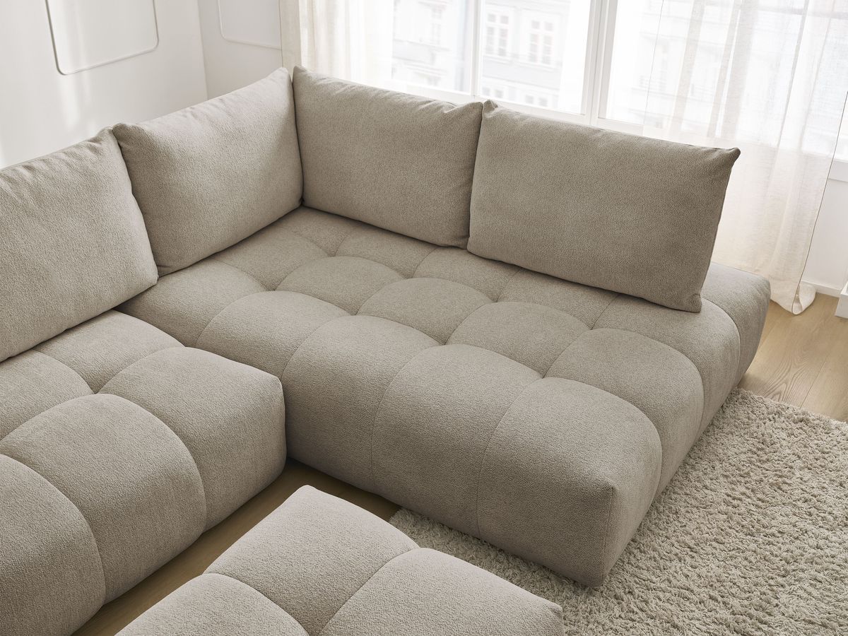 Bobochic Everest Ecksofa mit Schlaffunktion und Bettkasten und Pouf 320 × 212 cm, 5 Kissen Melange-Stoff Taupe Ecke rechts