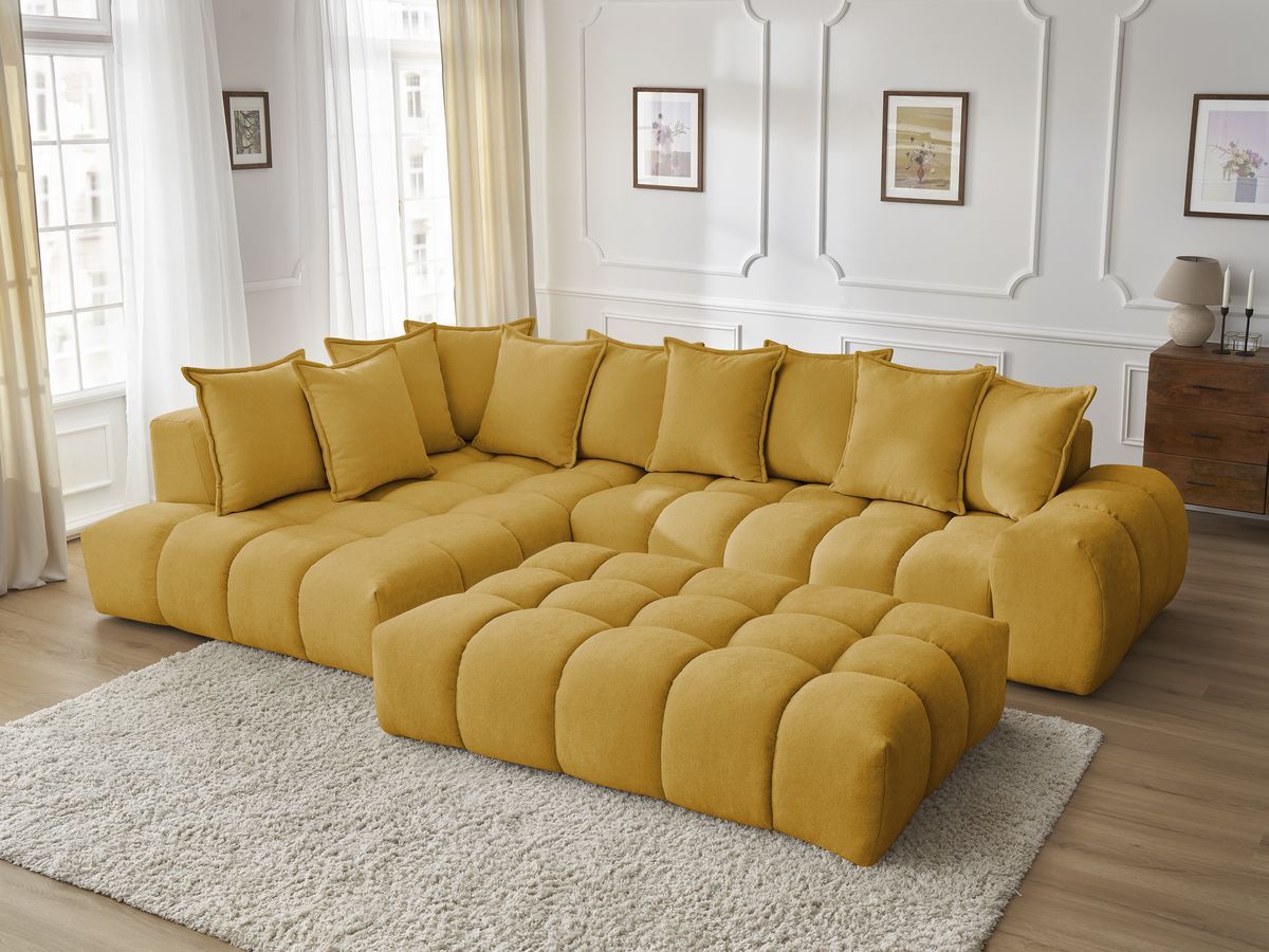 Bobochic Everest Ecksofa mit Schlaffunktion und Pouf, 10 Kissen Strukturstoff Gelb Ecke links