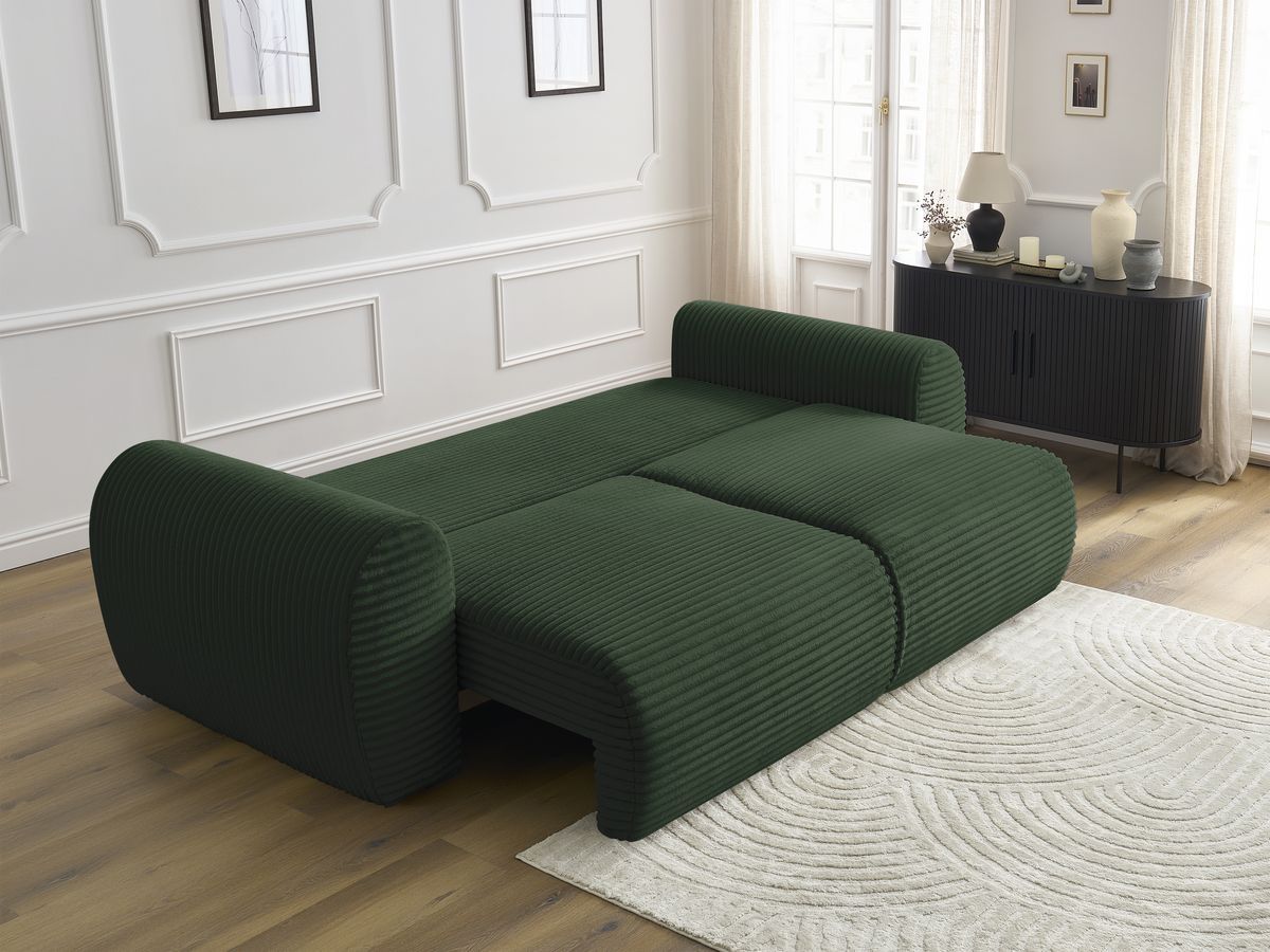 Bobochic Lucien Schlafsofa 3-Sitzer mit Bettkasten Breitcord weich Grün